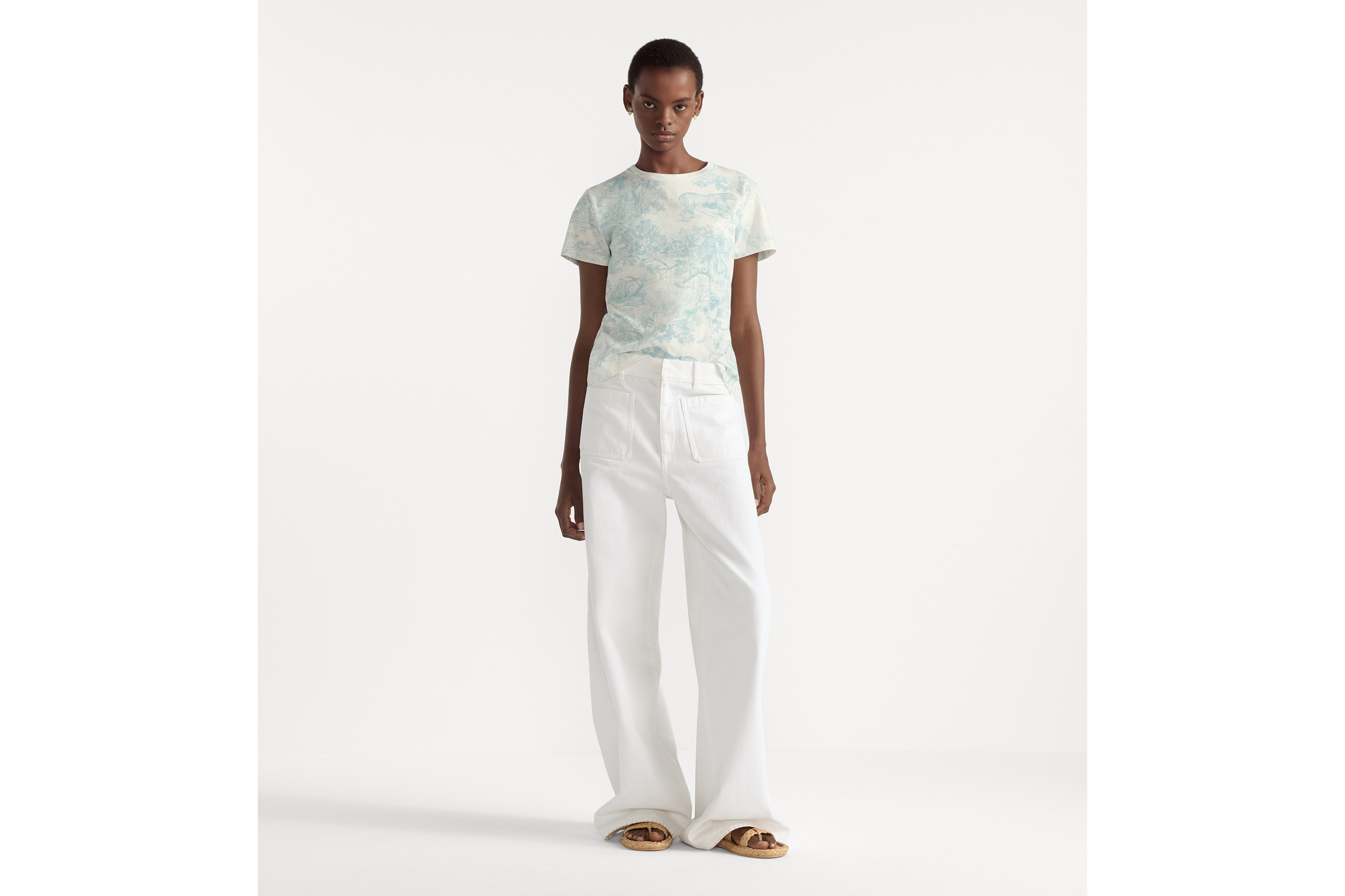 Dioriviera T 恤 白色棉质和亚麻混纺平纹针织面料铃兰绿色 Sauvage 茹伊印花 E01