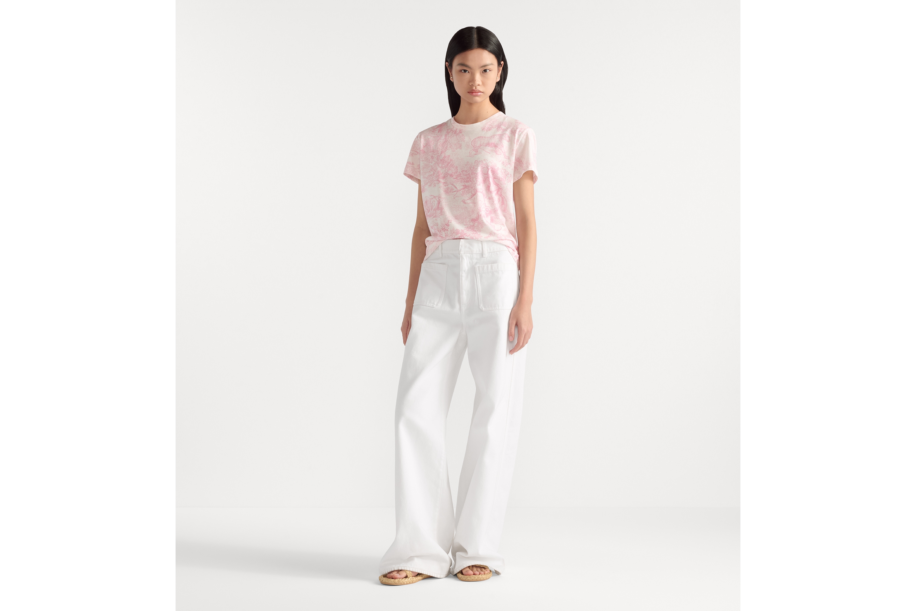 look_image_alt_prefix Dioriviera T 恤 白色棉质和亚麻混纺平纹针织面料樱花粉色 Sauvage 茹伊印花图案 E01