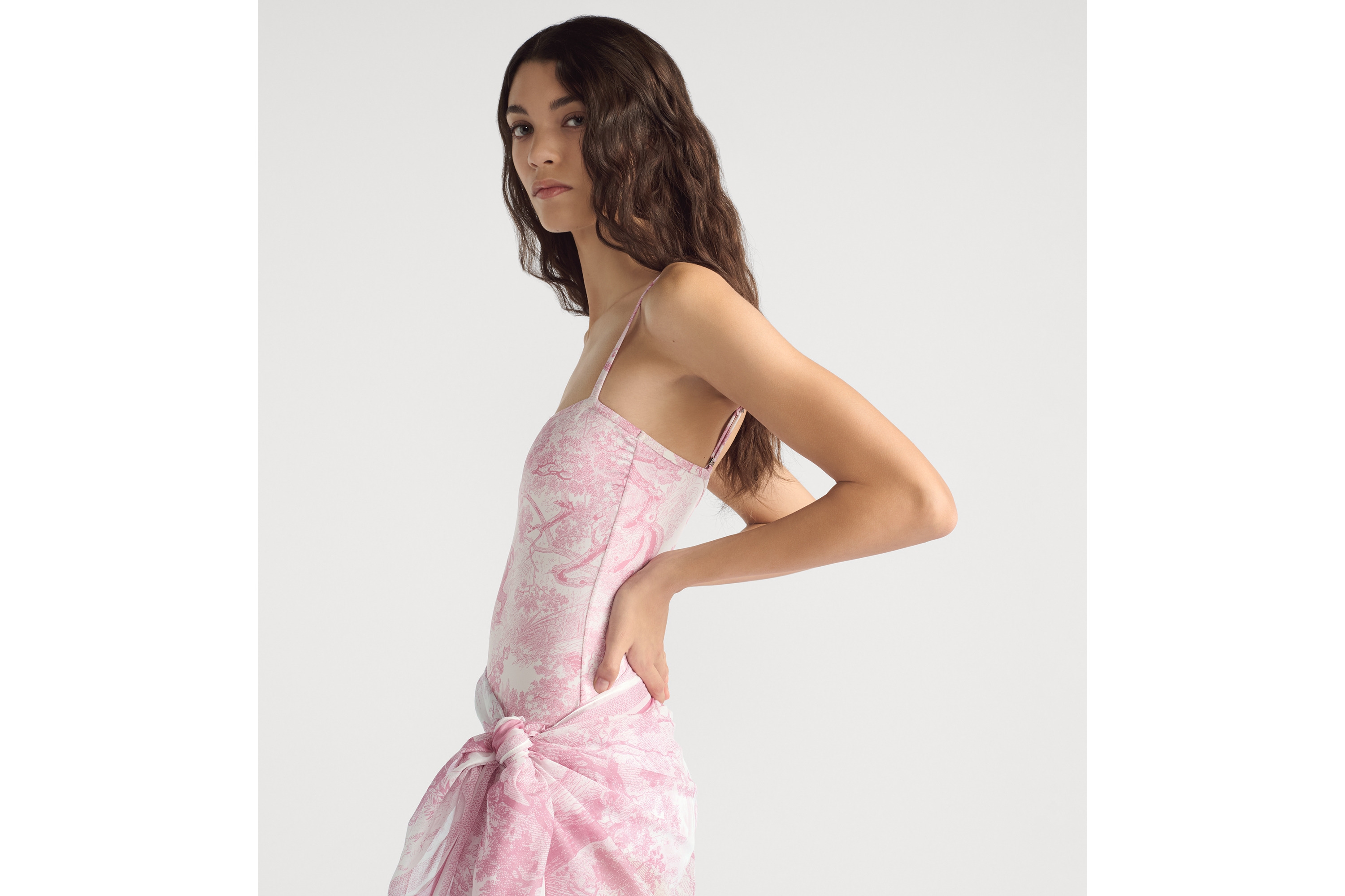 Dioriviera 一体式泳衣 白色科技面料樱花粉色 Sauvage 茹伊印花图案 E05