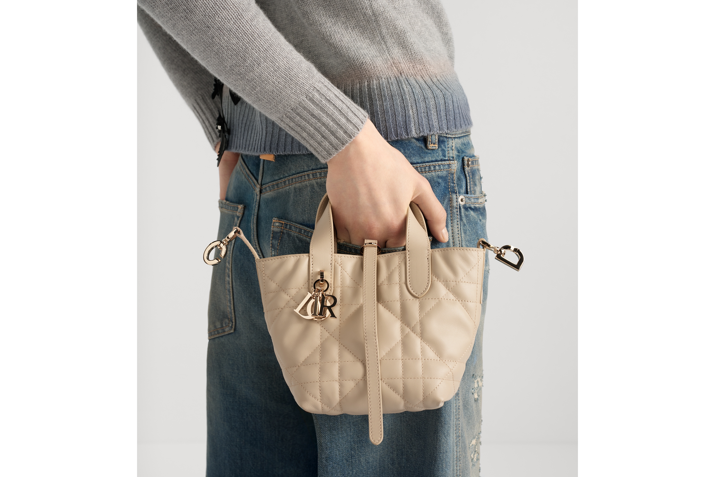 微型 Dior Toujours 竖版手袋 胭脂米色牛皮革超大藤格纹 E11