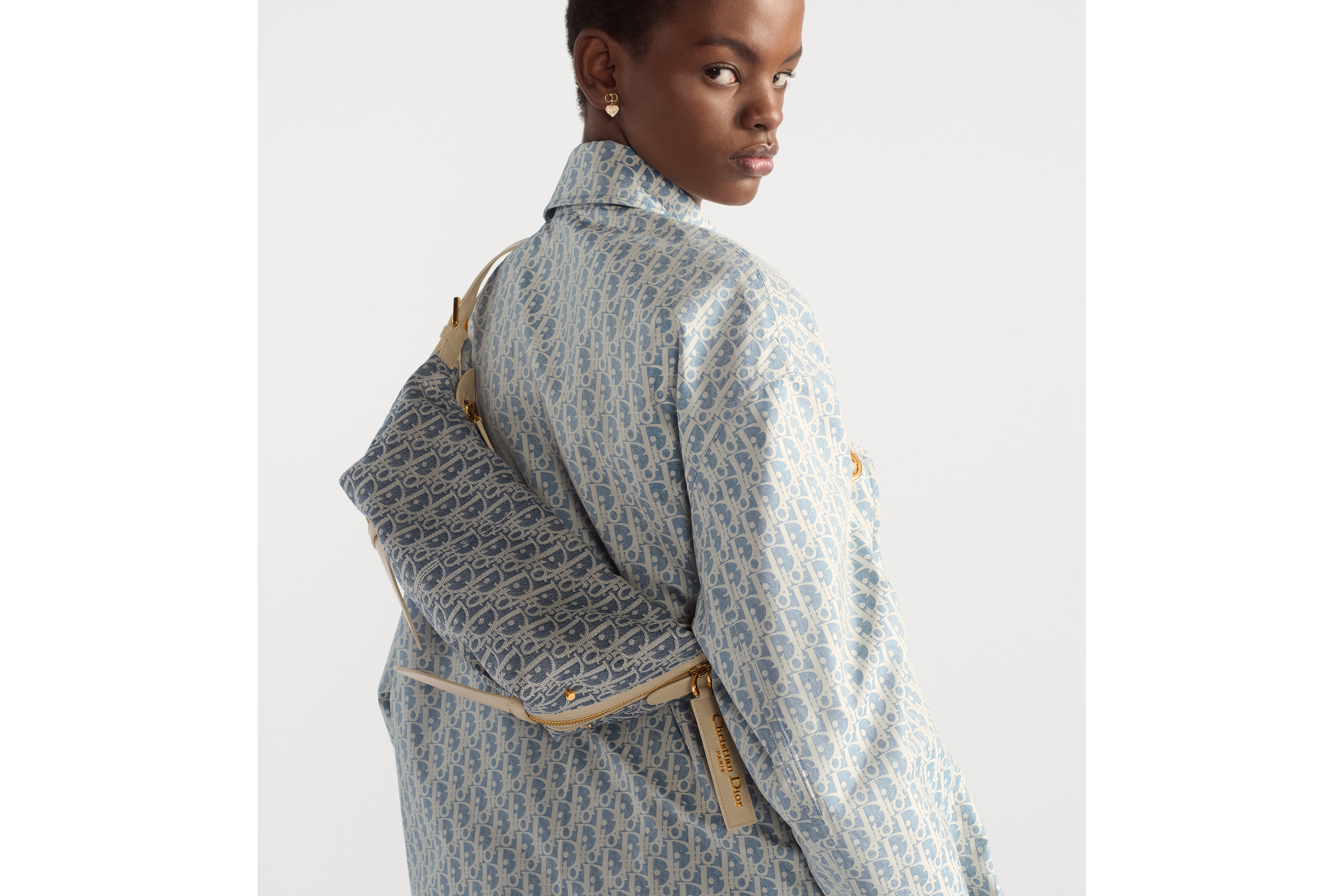 小号 D-Journey 手袋 蓝色酒椰草效果格纹布 Oblique 印花和浅饼干色光滑牛皮革 E05