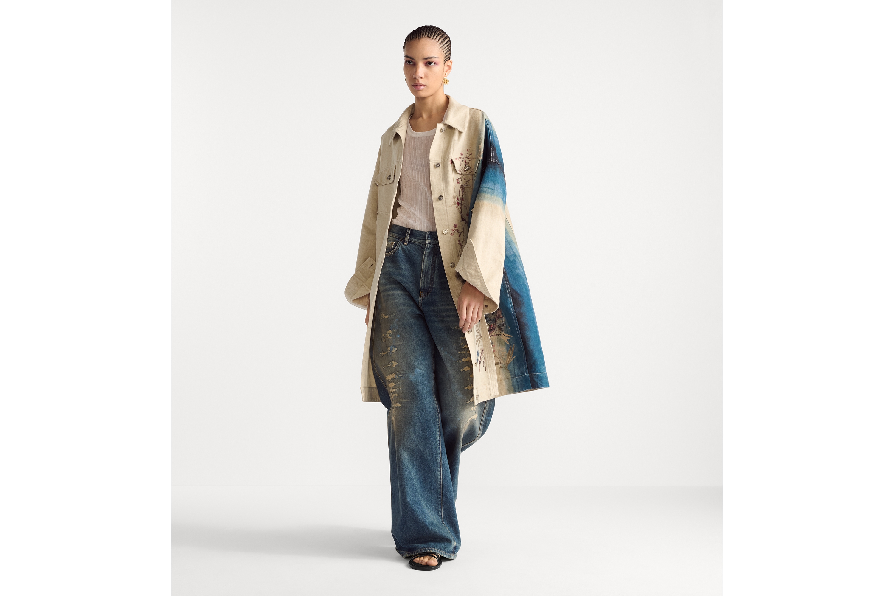 喇叭形牛仔裤 蓝色石洗棉质牛仔布复古效果 E17