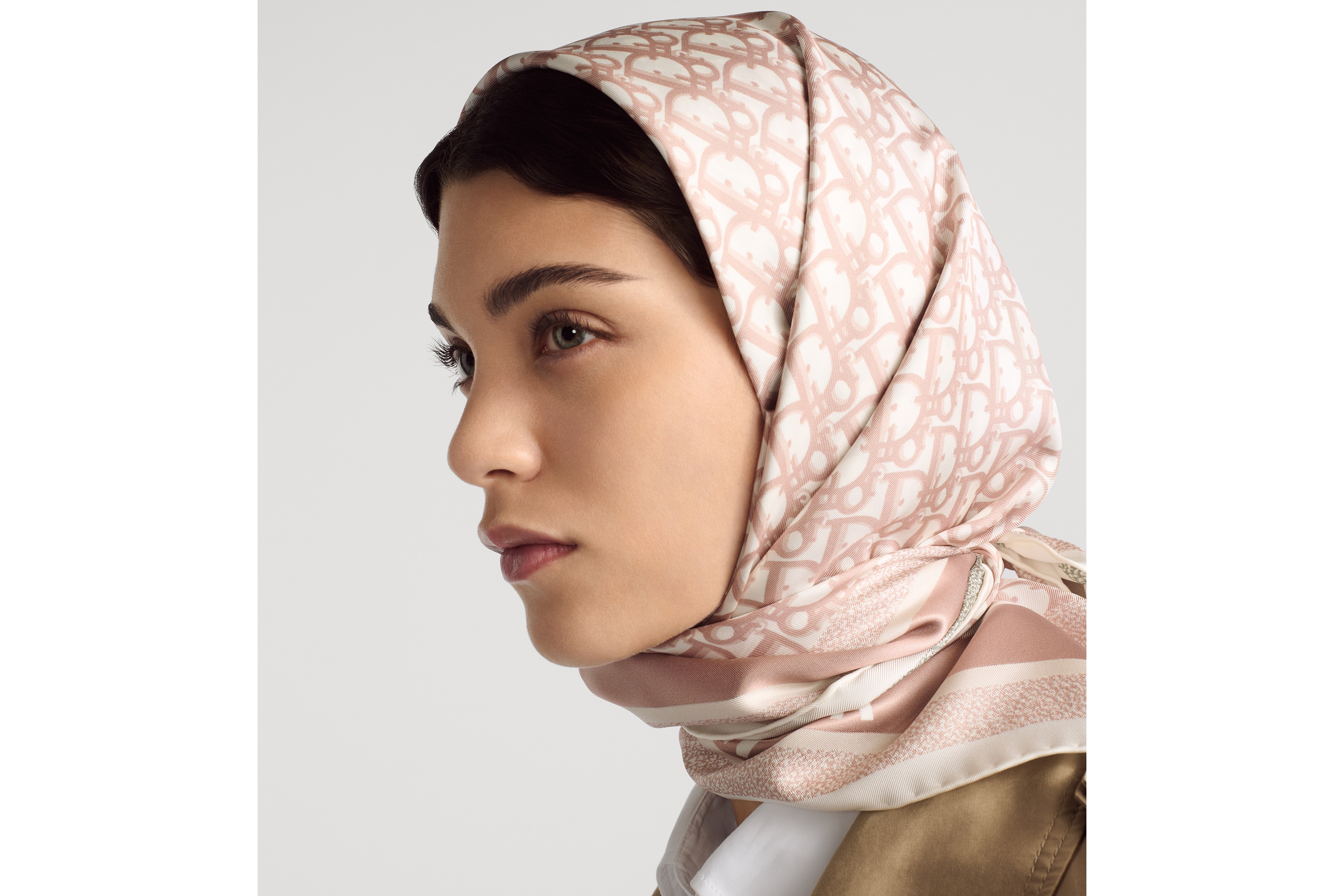 look_image_alt_prefix Diortwin 方巾 90 厘米玫瑰粉色和灰色桑蚕丝斜纹面料 Oblique 印花 E07