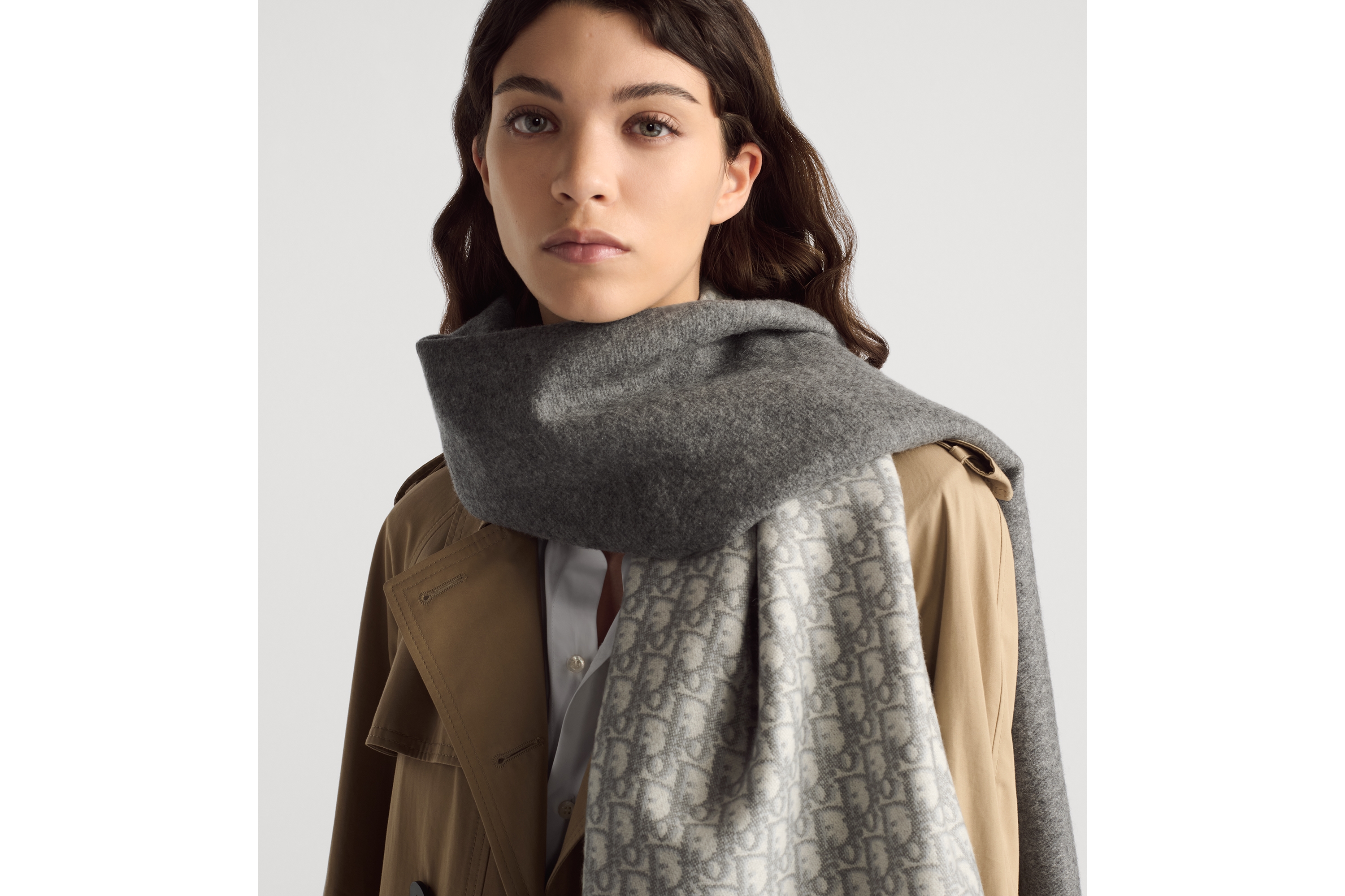 look_image_alt_prefix Dior 印花围巾 米白色和灰色山羊绒 Oblique 印花 E07