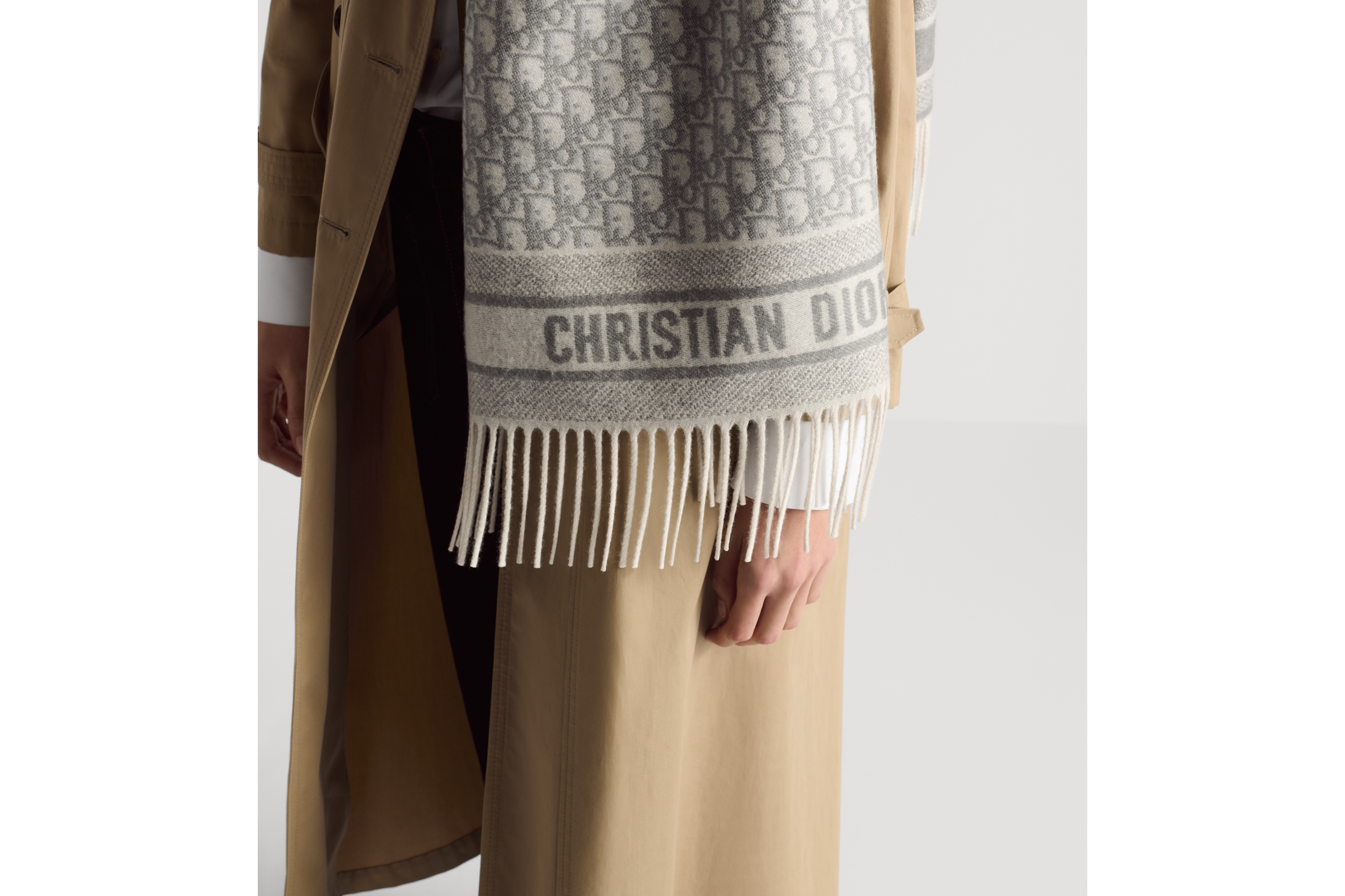 look_image_alt_prefix Dior 印花围巾 米白色和灰色山羊绒 Oblique 印花 E10