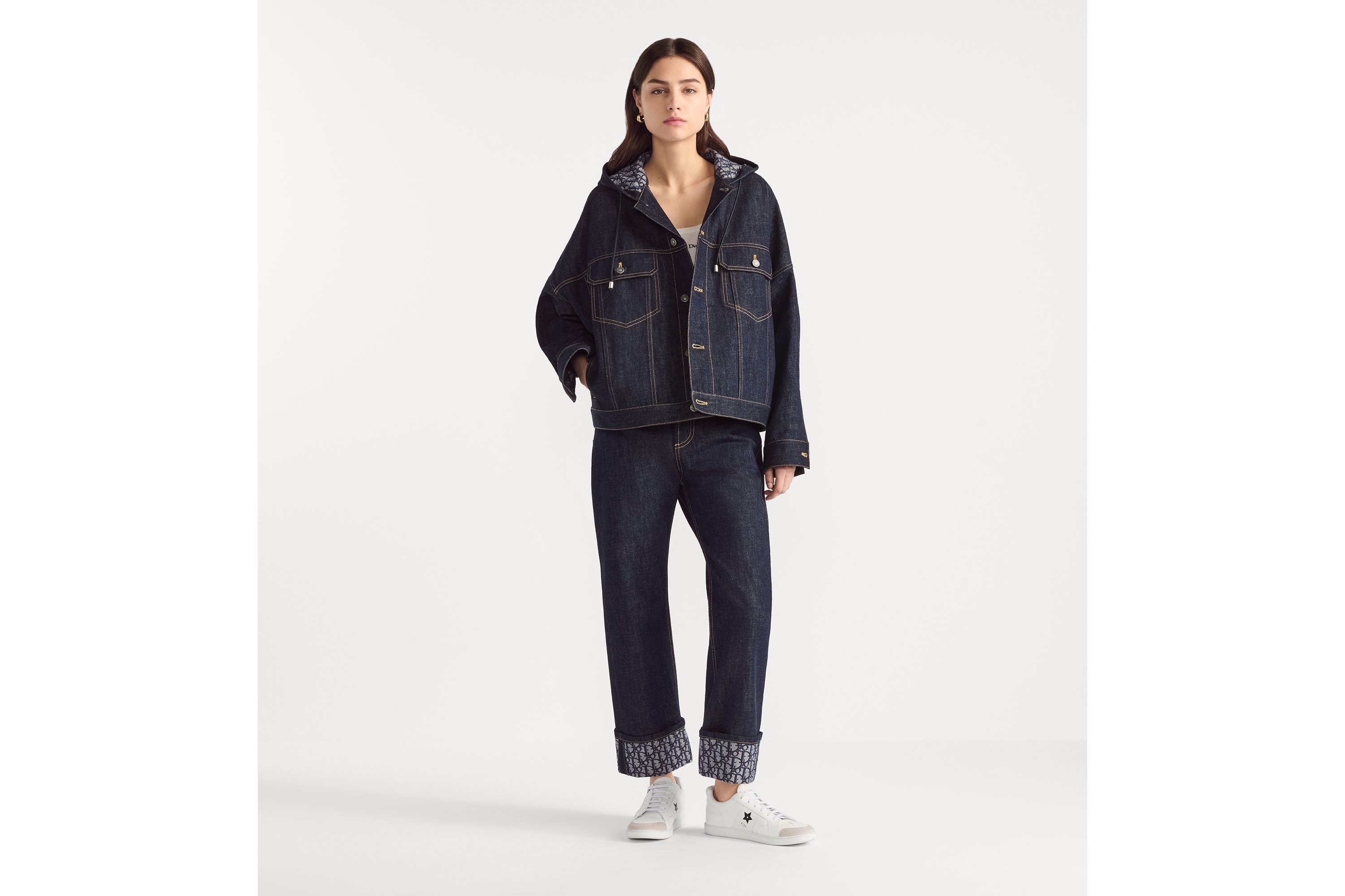 男友风牛仔裤 蓝色棉质牛仔布内部 Oblique 印花 E01