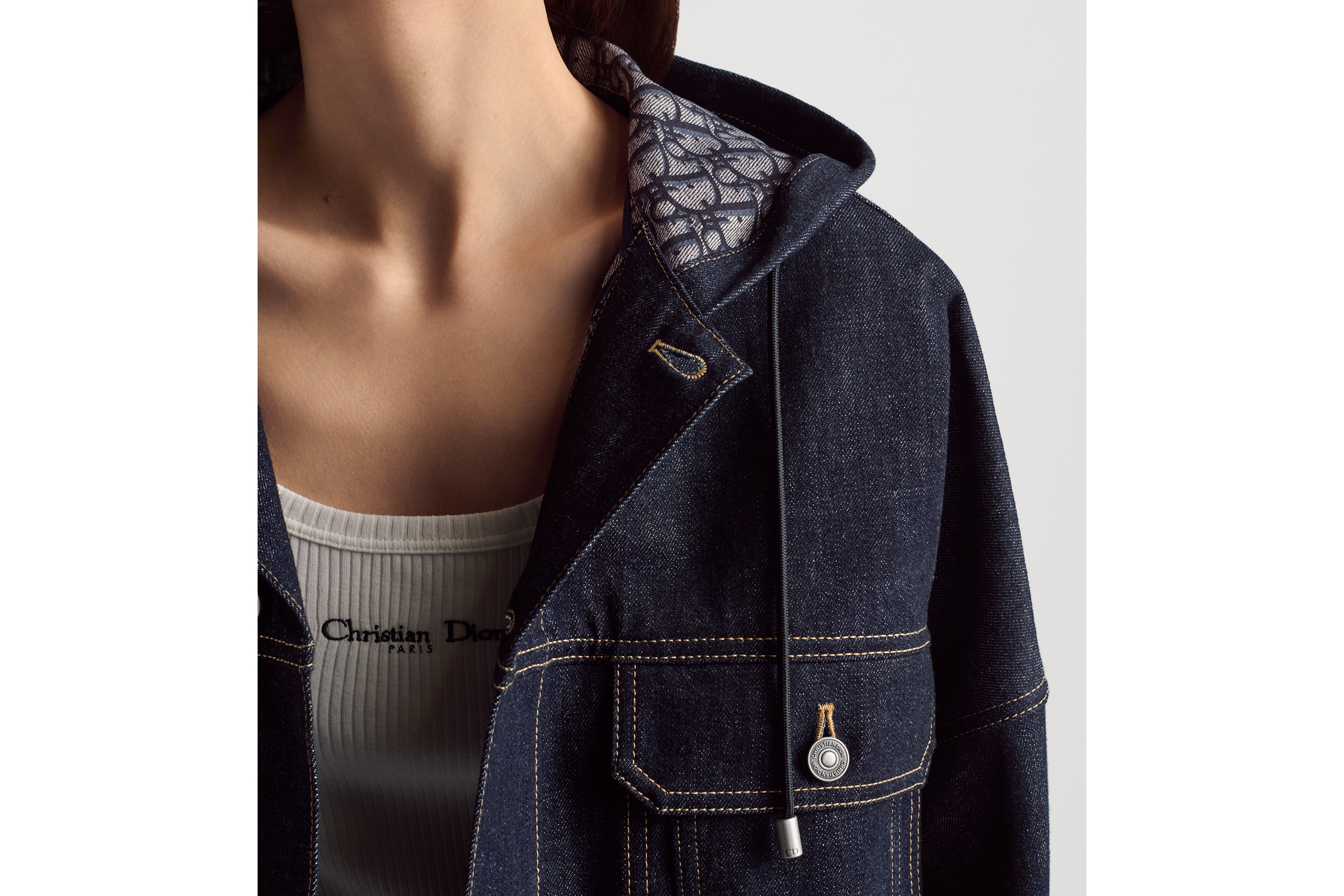 超大版型连帽夹克 蓝色棉质牛仔布内部 Oblique 印花 E12