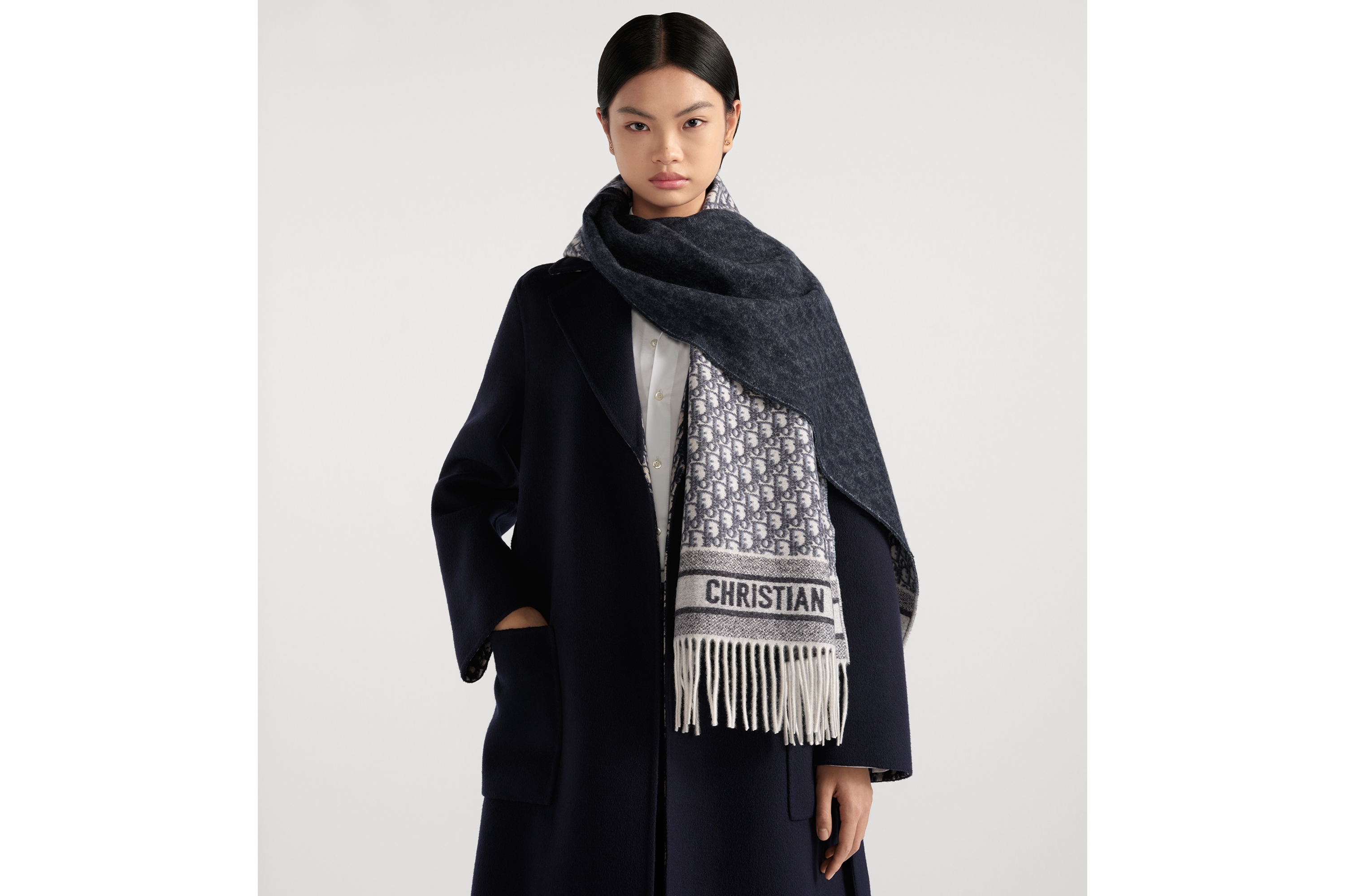 look_image_alt_prefix Dior 印花围巾 米白色和海军蓝色山羊绒 Oblique 印花 E04