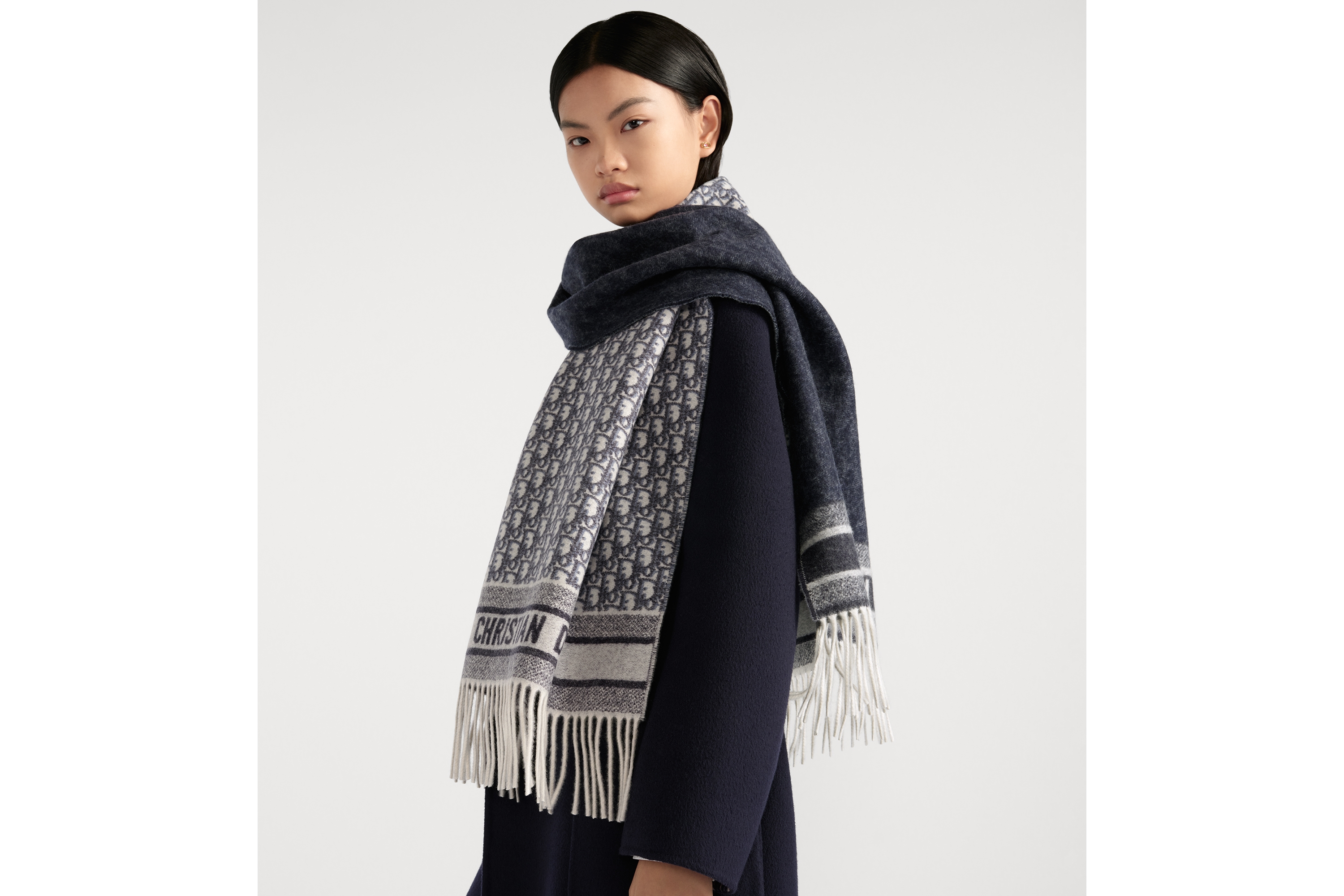 Dior 印花围巾 米白色和海军蓝色山羊绒 Oblique 印花 E05