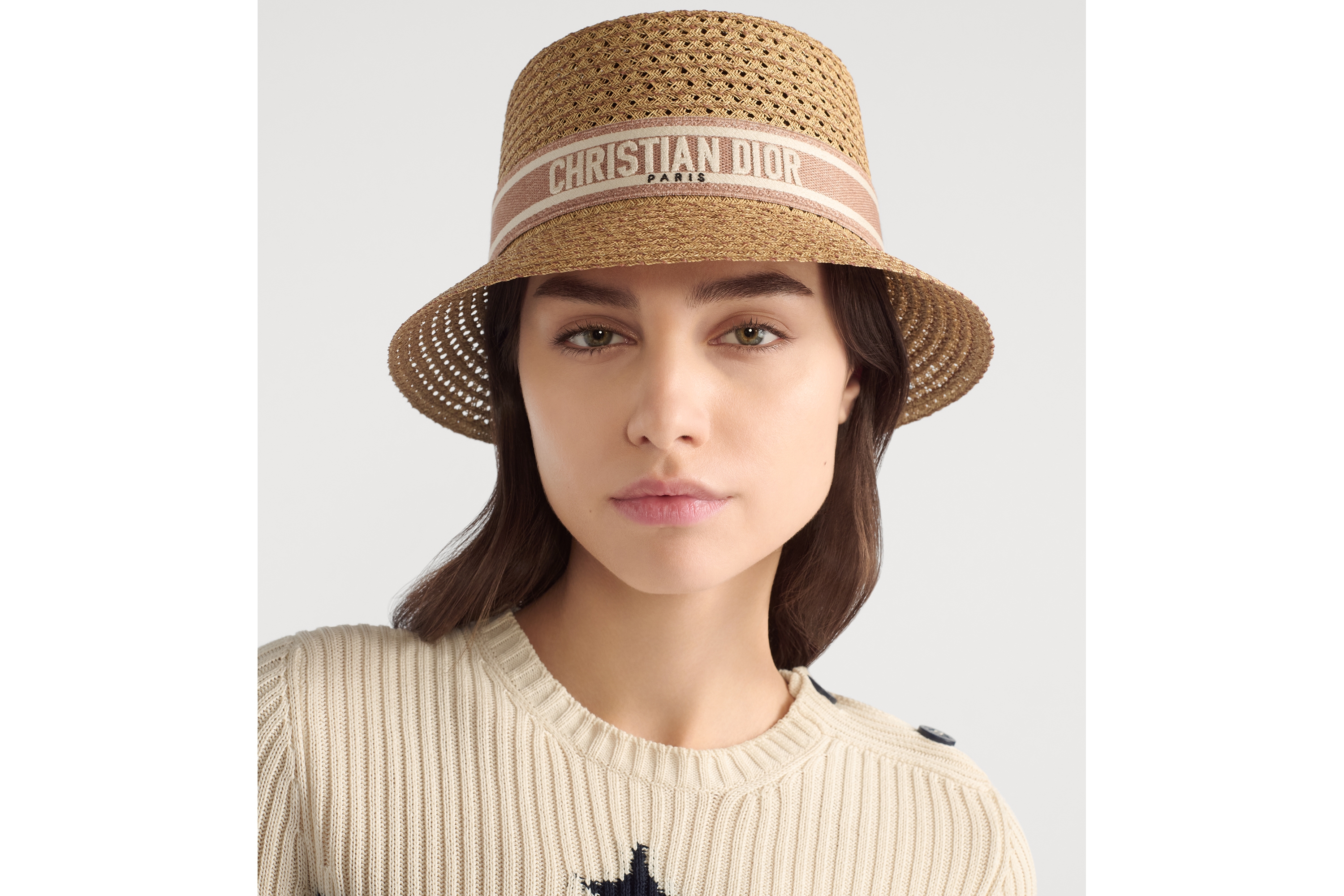 look_image_alt_prefix D-Bobby 窄檐帽 纸编和玫瑰粉色与白色刺绣条形图案 E07