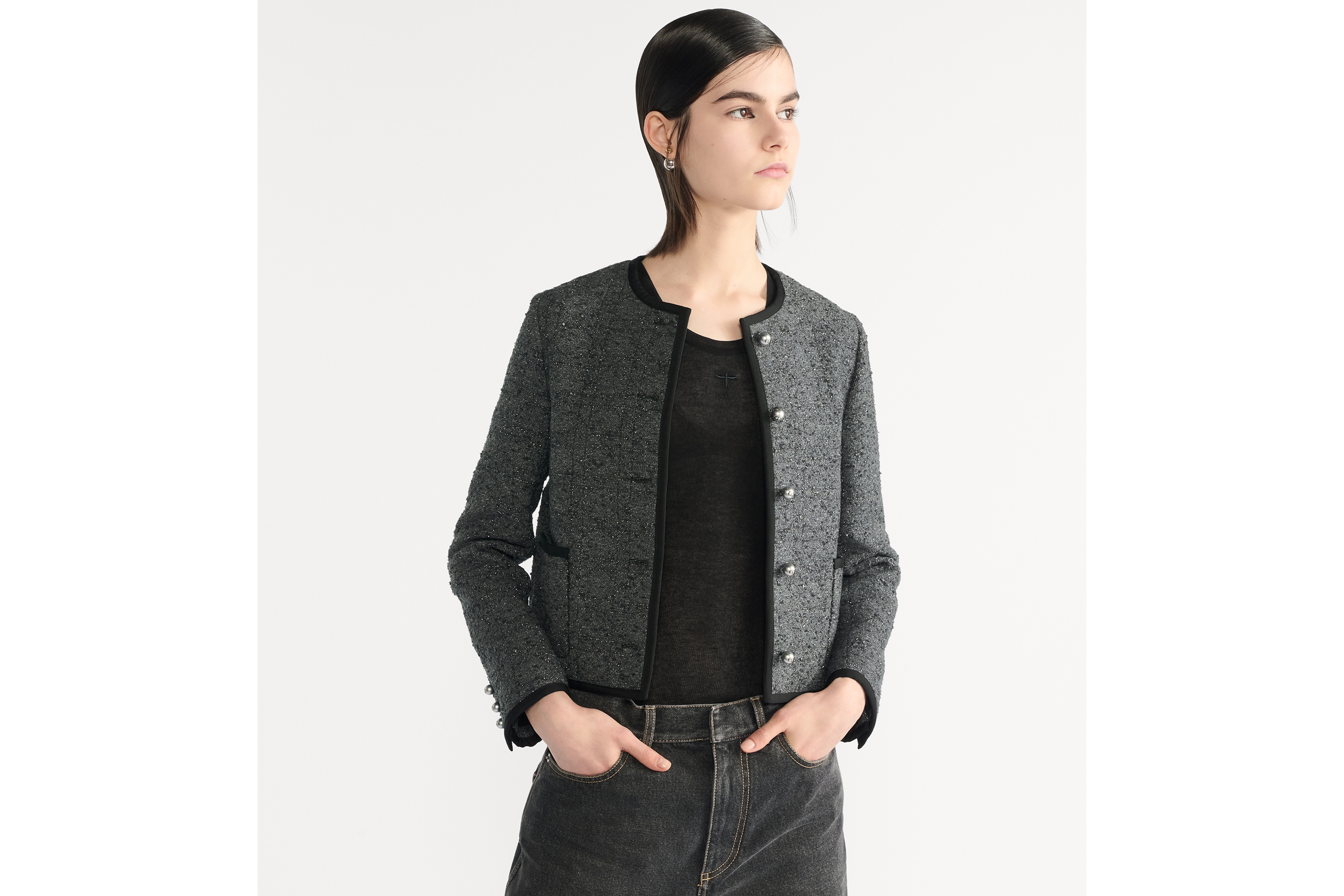 短款外套 灰色棉质混纺粗花呢银色金属光泽线超大藤格纹 E04