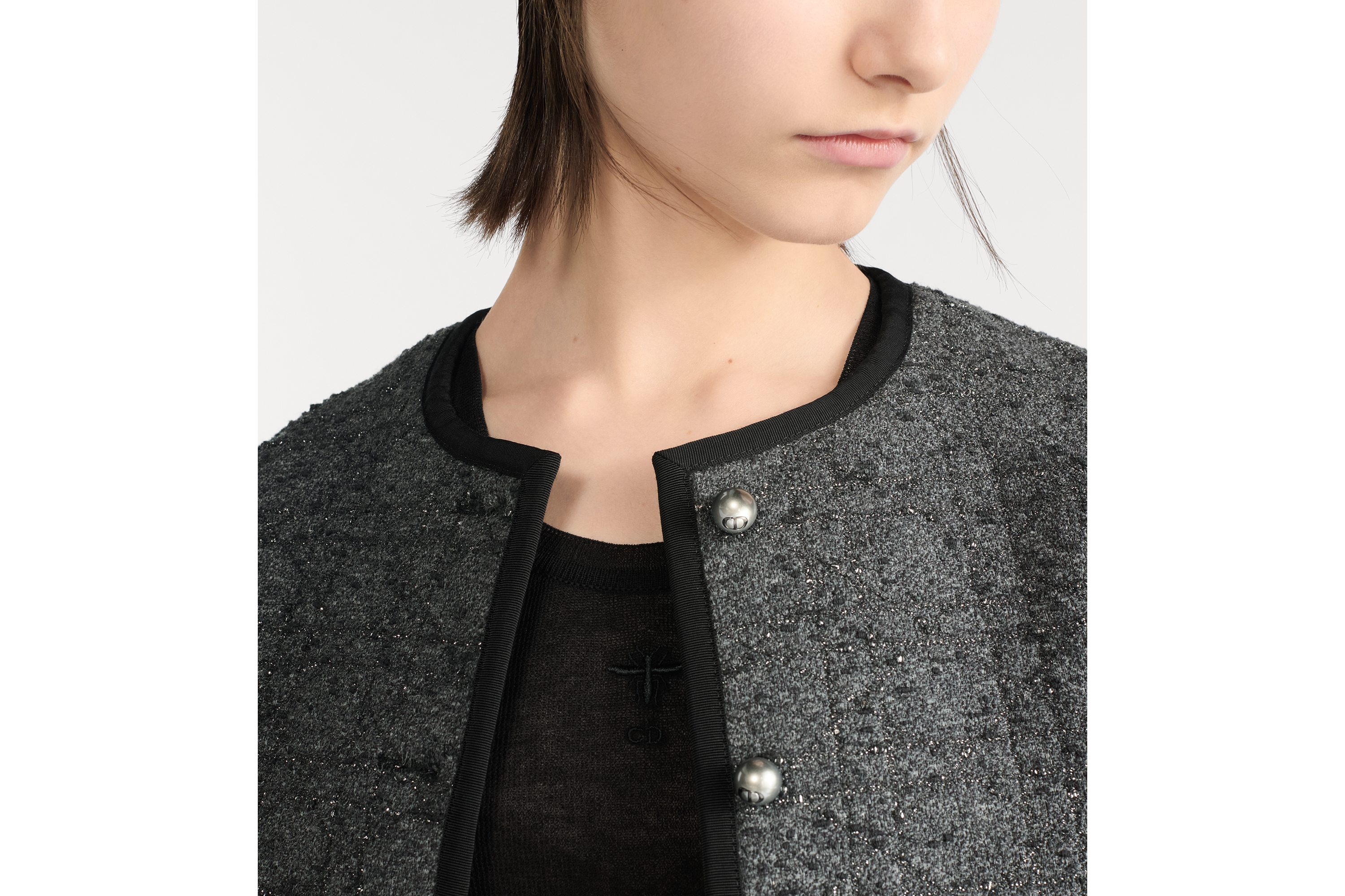 短款外套 灰色棉质混纺粗花呢银色金属光泽线超大藤格纹 E12