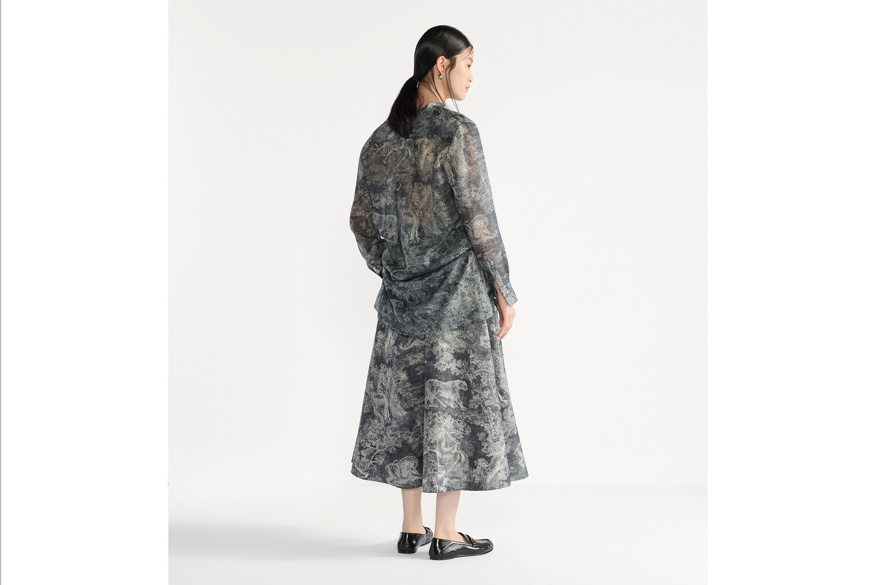 Dioriviera 喇叭形半裙 深蓝色和白色棉质混纺府绸 Sauvage 茹伊印花图案 E03