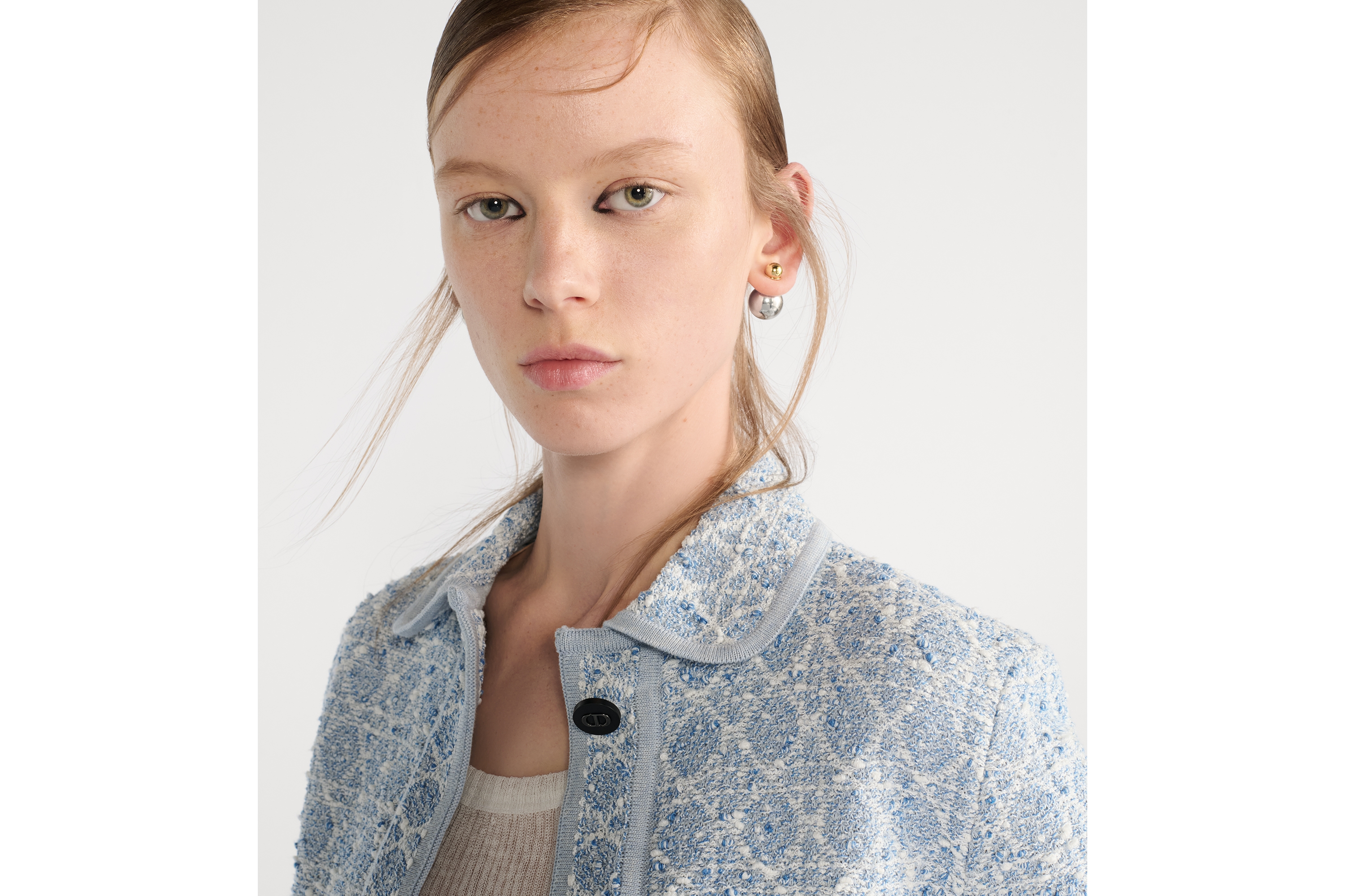 外套 水洗蓝棉质混纺粗花呢针织面料超大藤格纹 E12