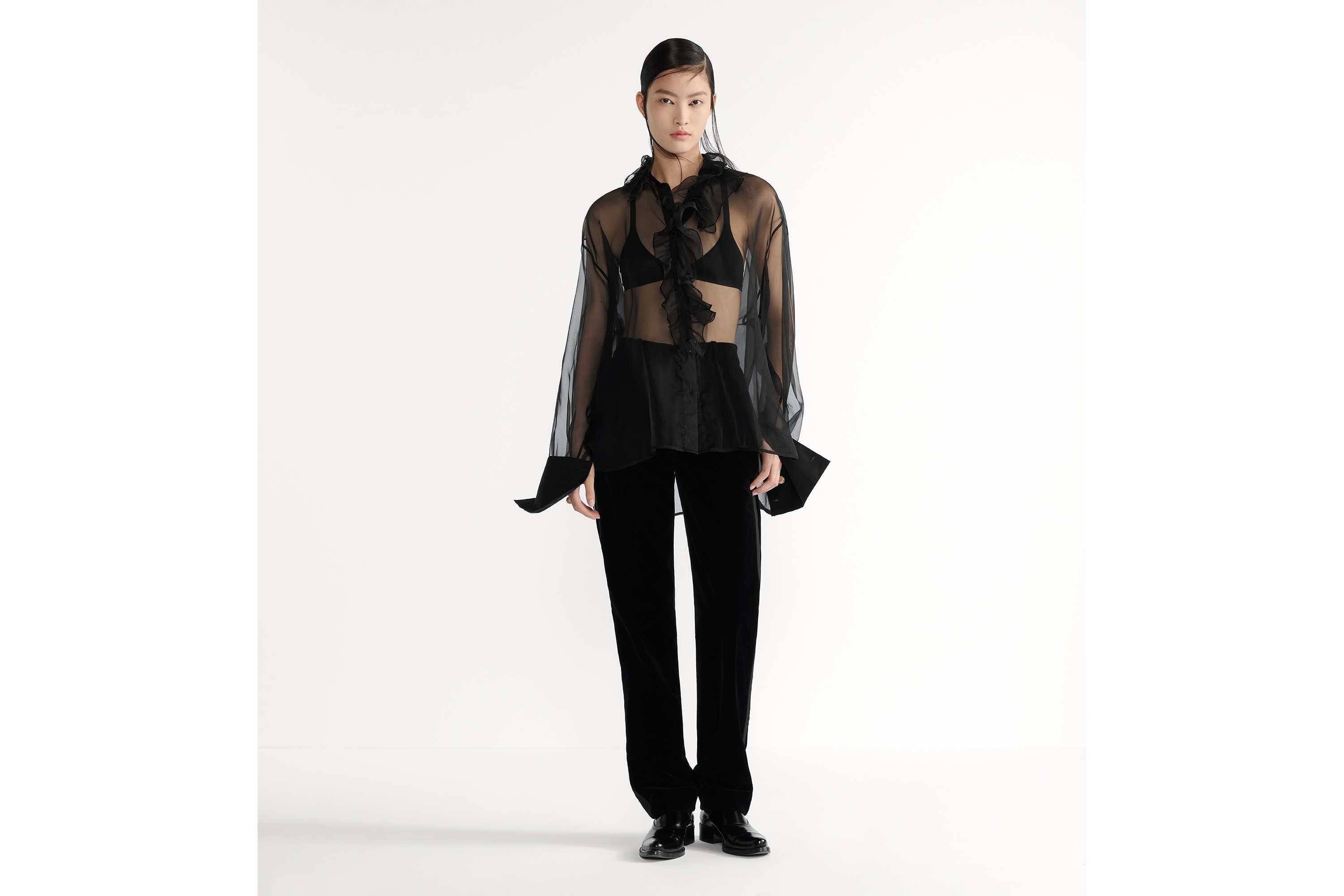半透明衬衫 黑色桑蚕丝欧根纱效果面料搭配可拆卸褶边领 E01