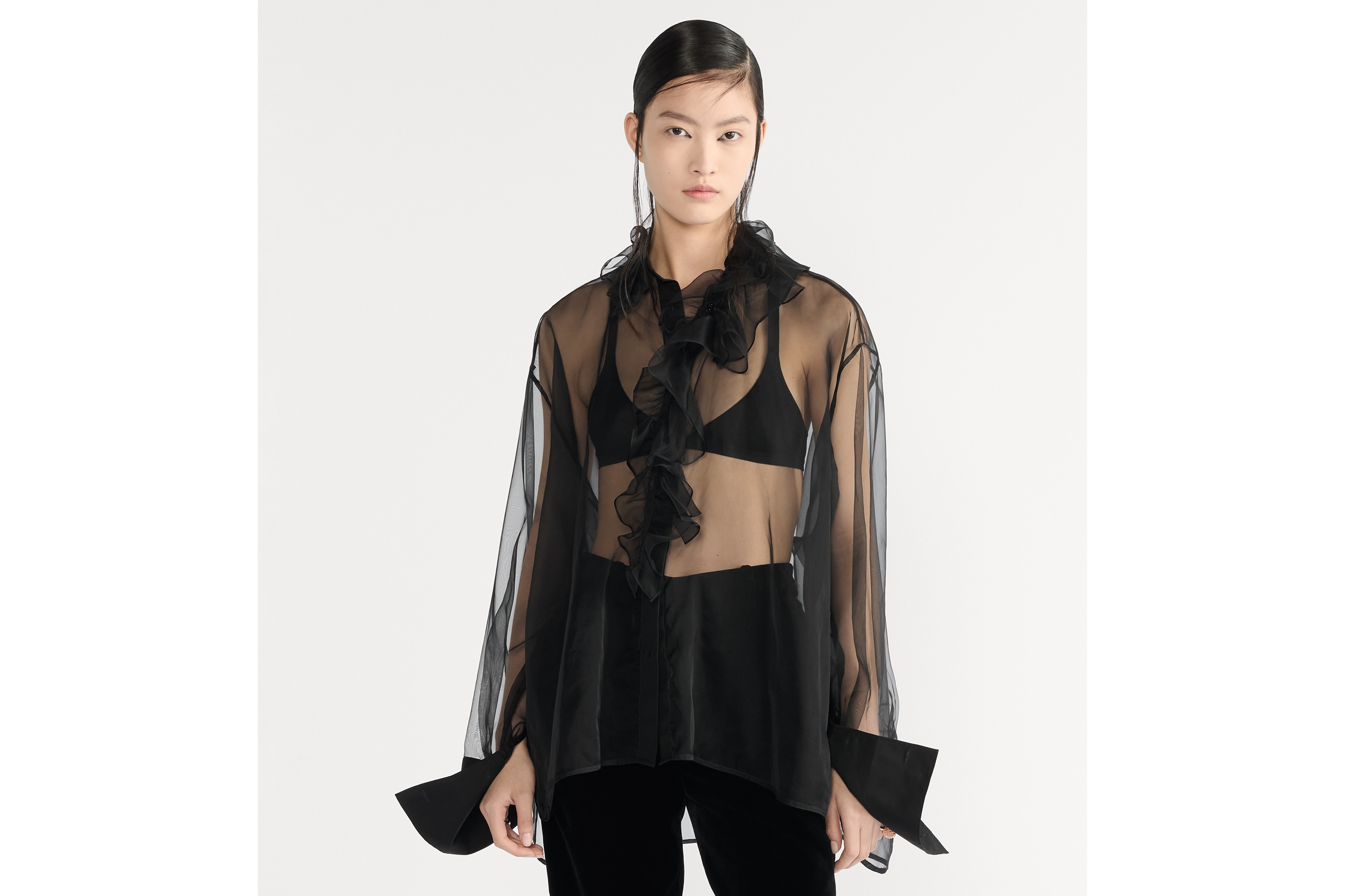 半透明衬衫 黑色桑蚕丝欧根纱效果面料搭配可拆卸褶边领 E04