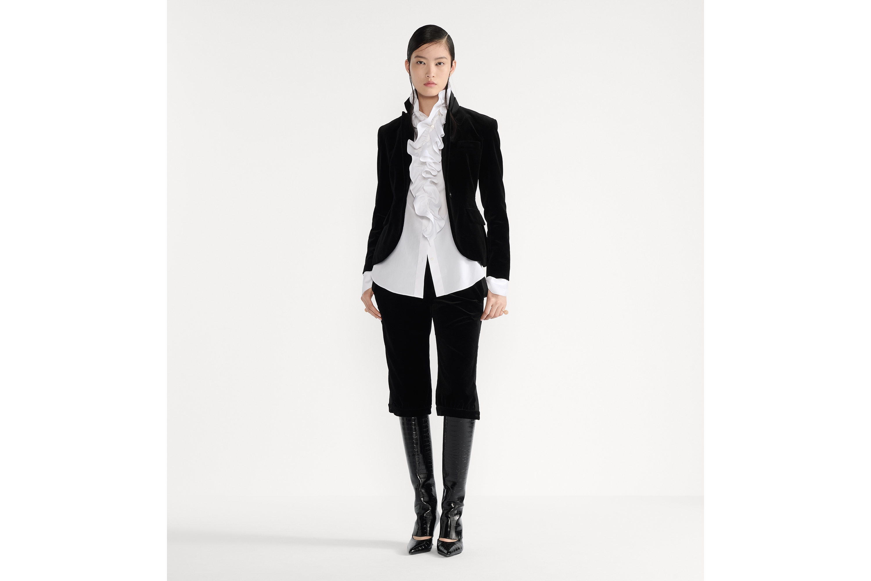 修身西装外套 黑色棉质天鹅绒 E01