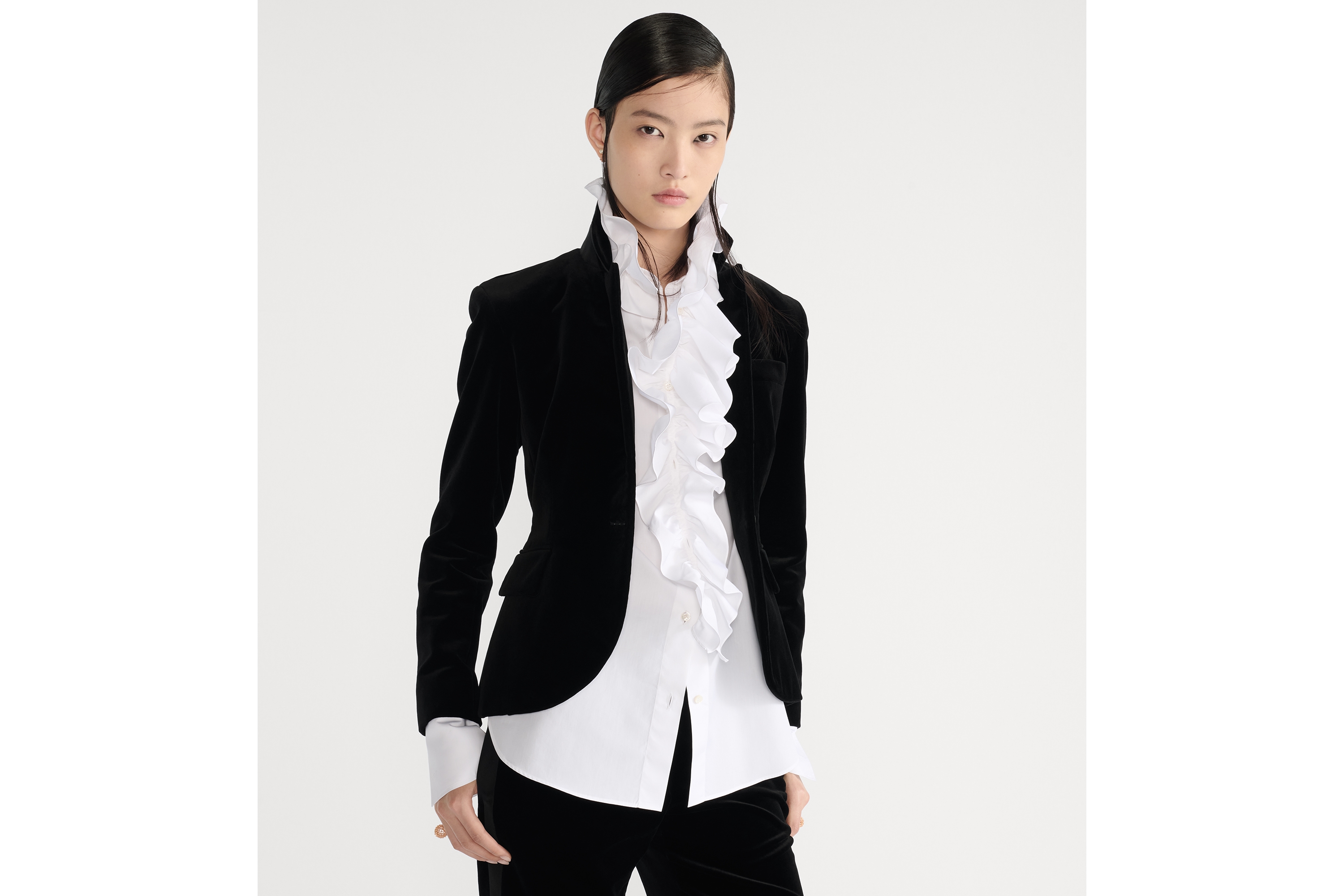 修身西装外套 黑色棉质天鹅绒 E04