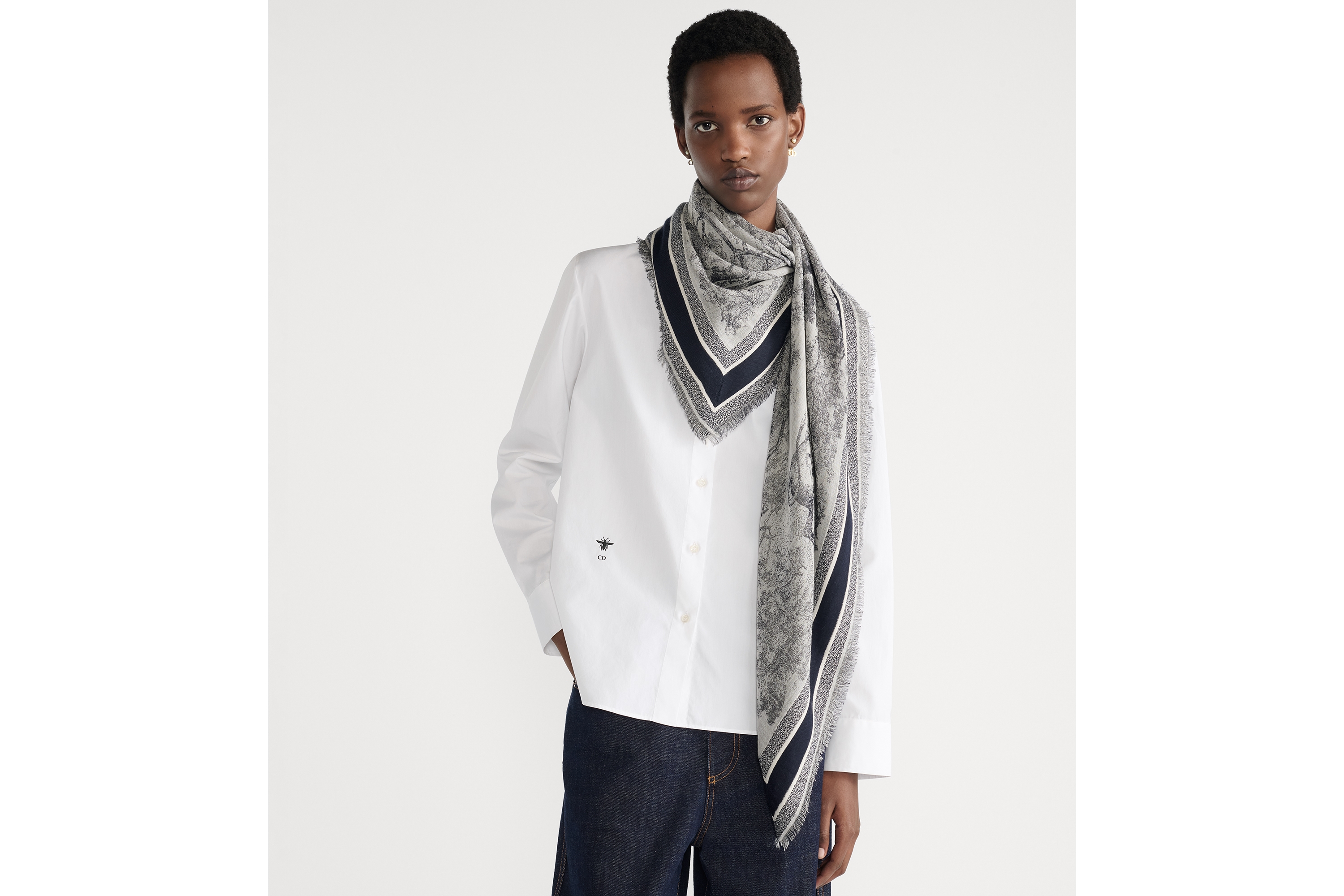 Dior 印花披肩 象牙色和蓝色绵羊毛和桑蚕丝混纺面料茹伊印花 E04