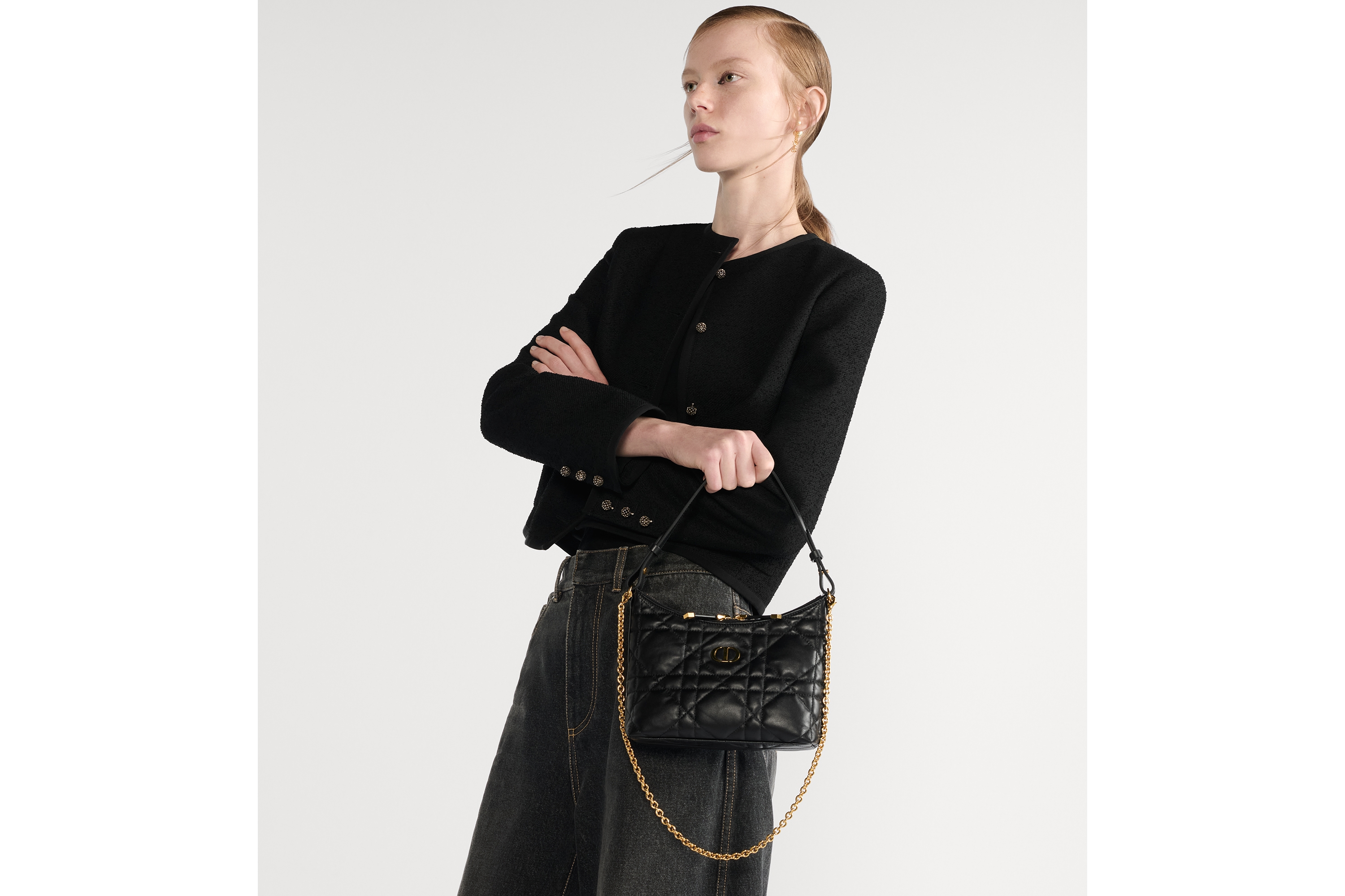 Miss Caro 迪奥之爱迷你链条手袋 黑色羊皮革超大藤格纹 E05