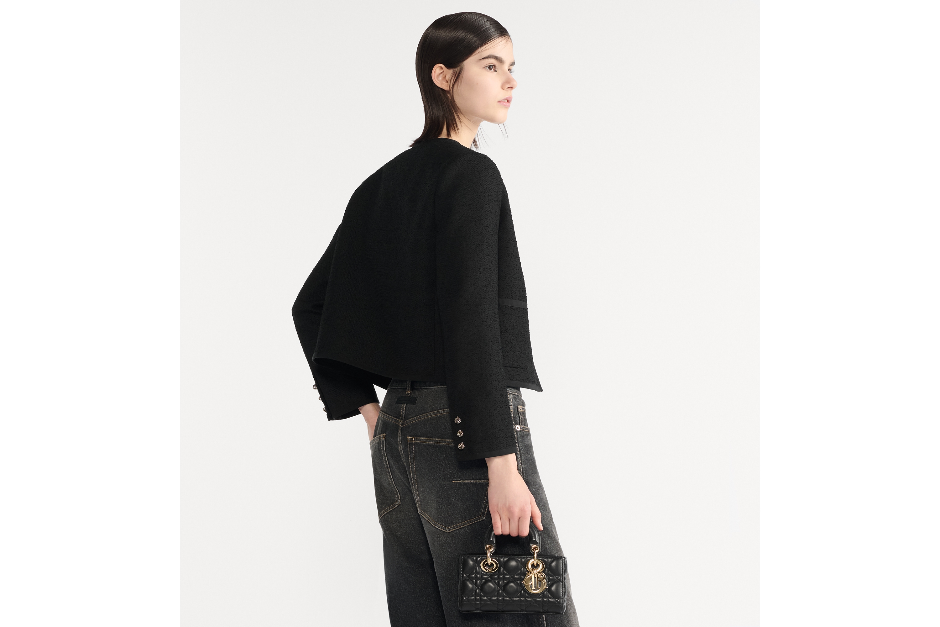 迷你 Lady D-Joy 手袋 黑色羊皮革藤格纹 E05