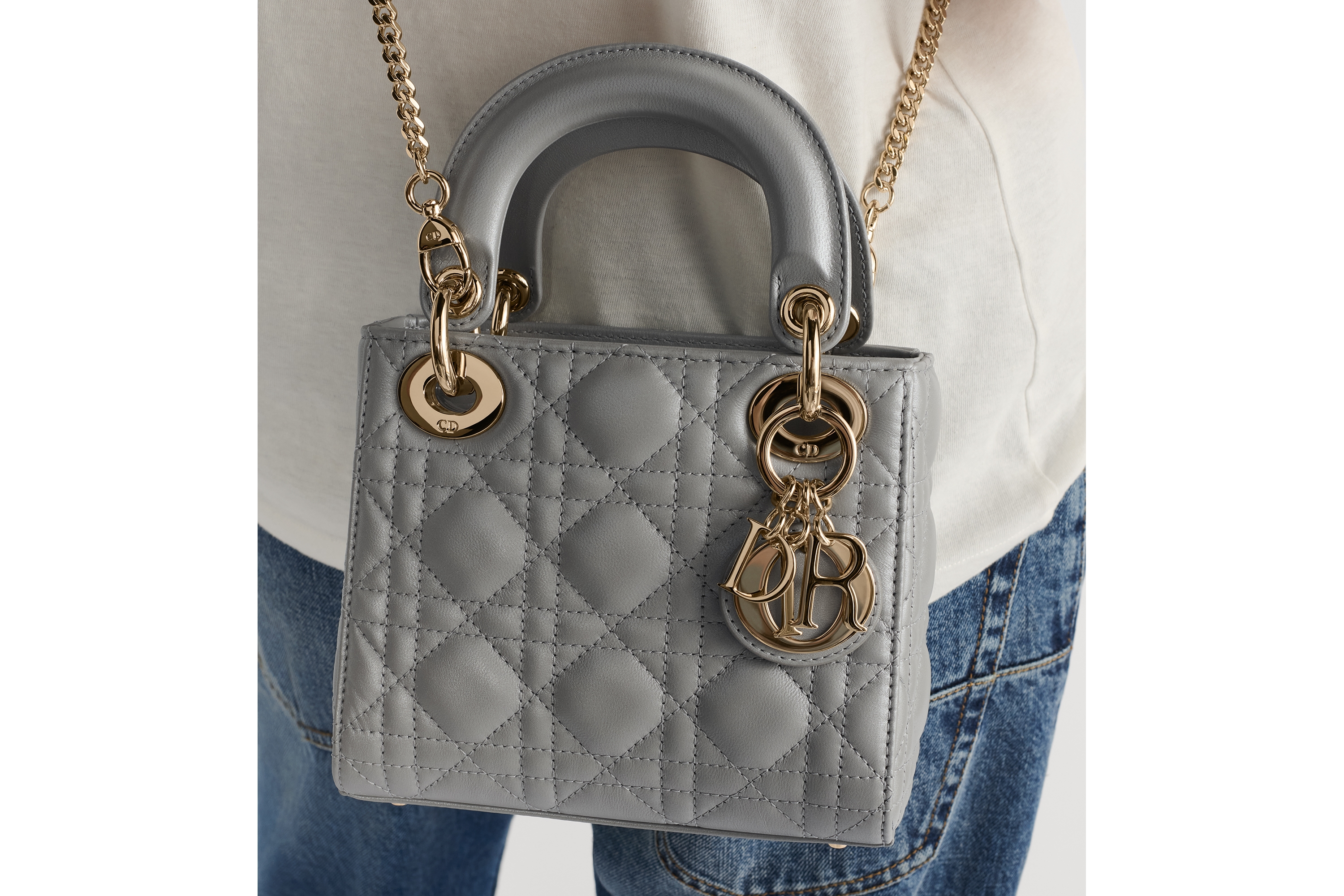 look_image_alt_prefix 迷你 Lady Dior 手袋 灰乳白色珠光羊皮革藤格纹图案 E17