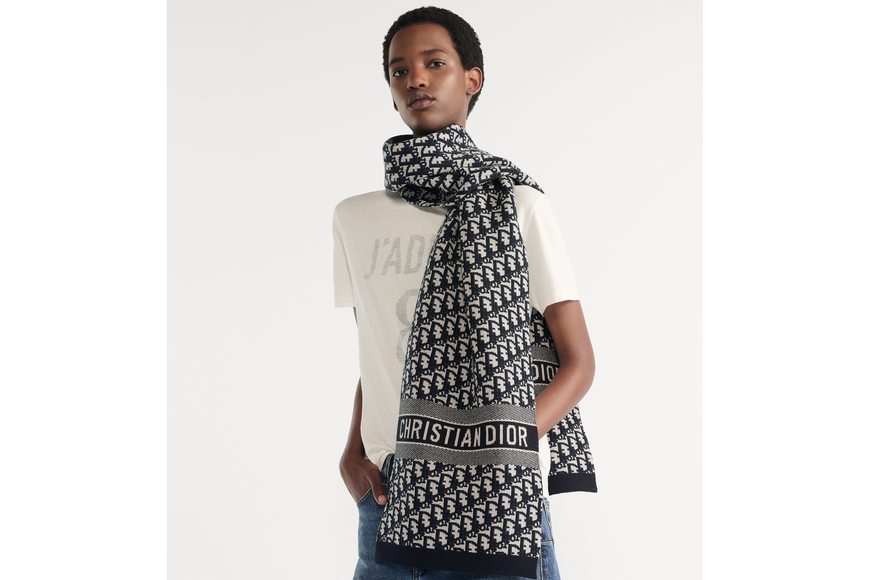 look_image_alt_prefix DiorAlps 围巾 米白色和海军蓝色山羊绒混纺嵌花编织提花面料 Oblique 印花 E04