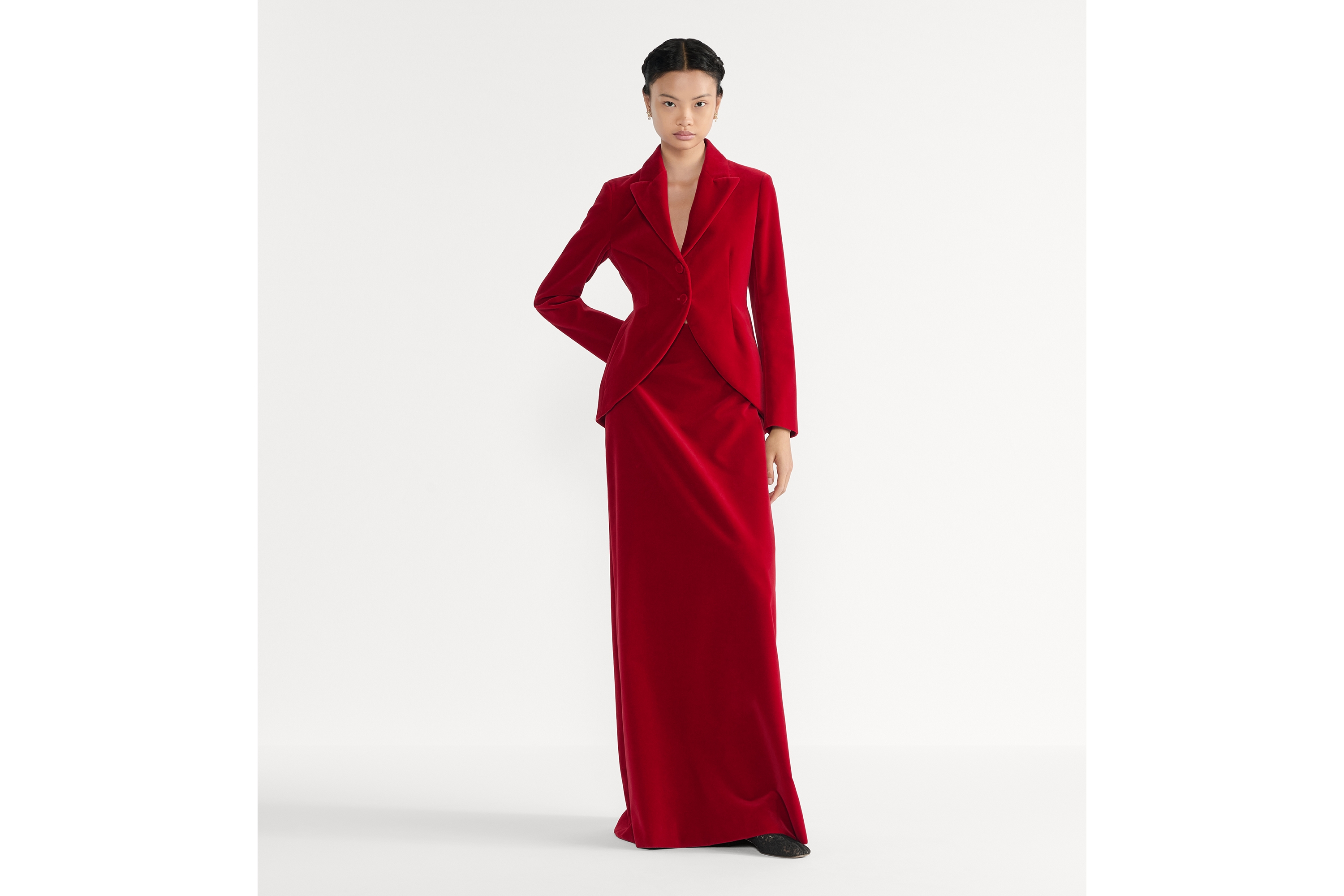 长款喇叭形半身裙 红色棉质天鹅绒面料 E01