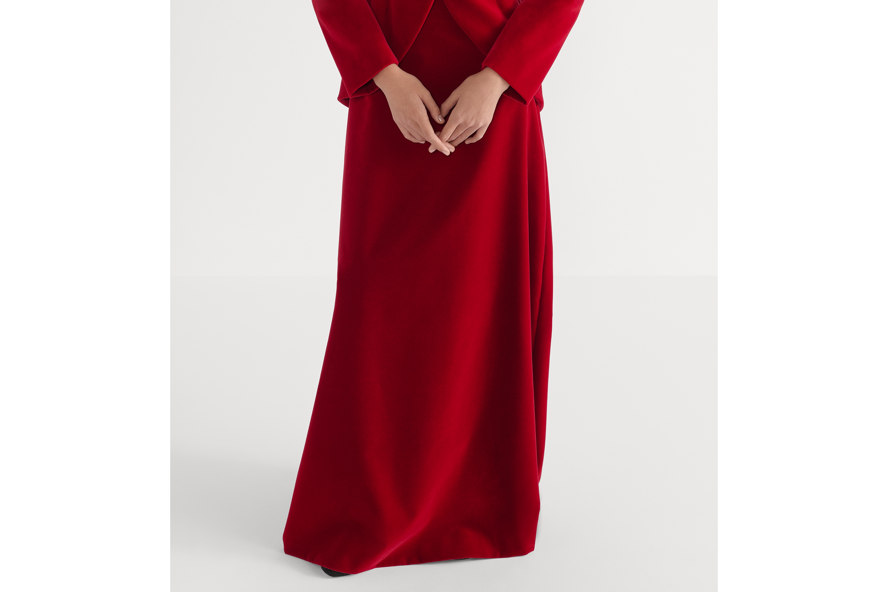 长款喇叭形半身裙 红色棉质天鹅绒面料 E14