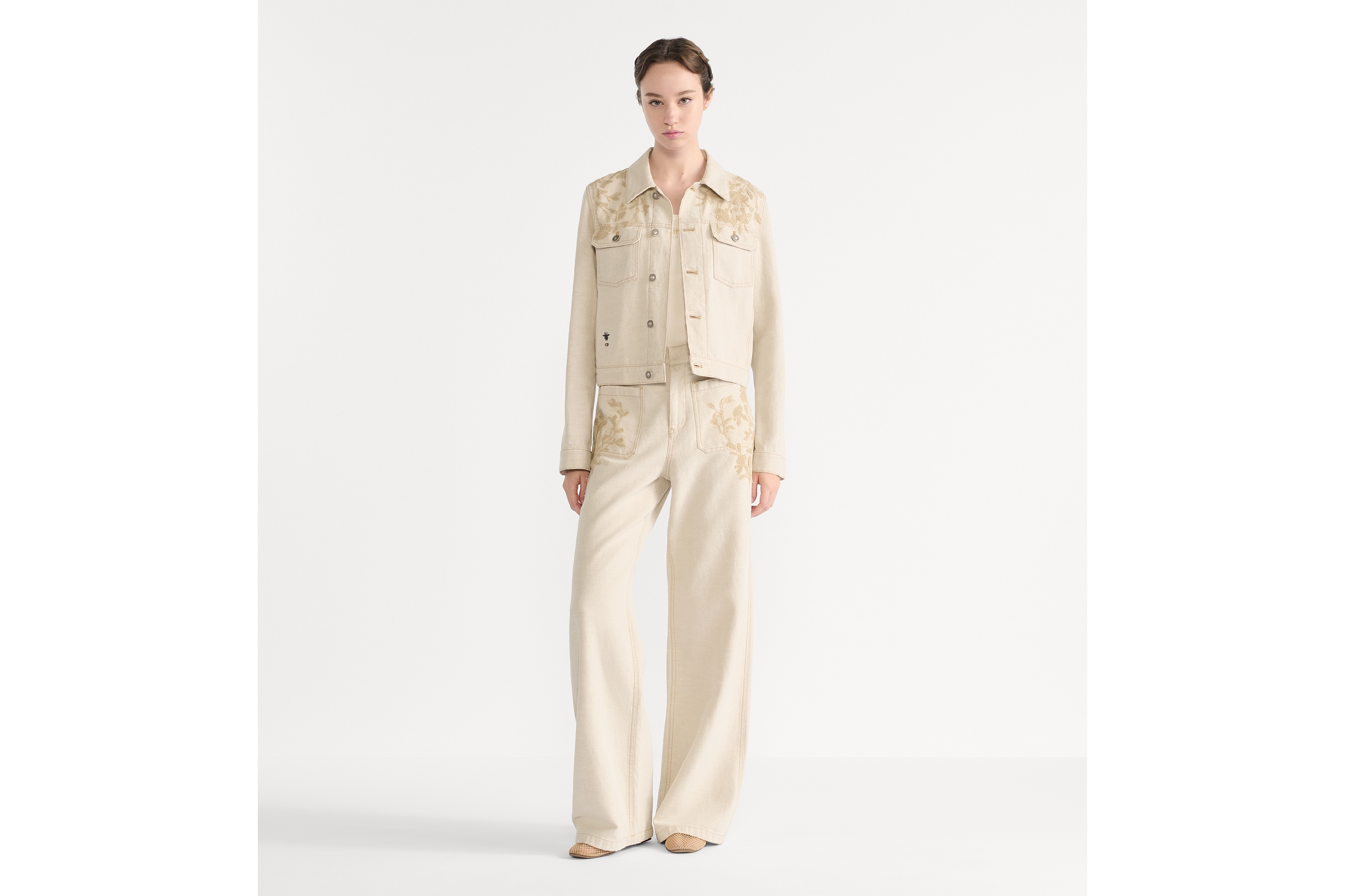 喇叭形牛仔裤 米色棉质牛仔面料和 Millefiori 图案蕾丝 E01