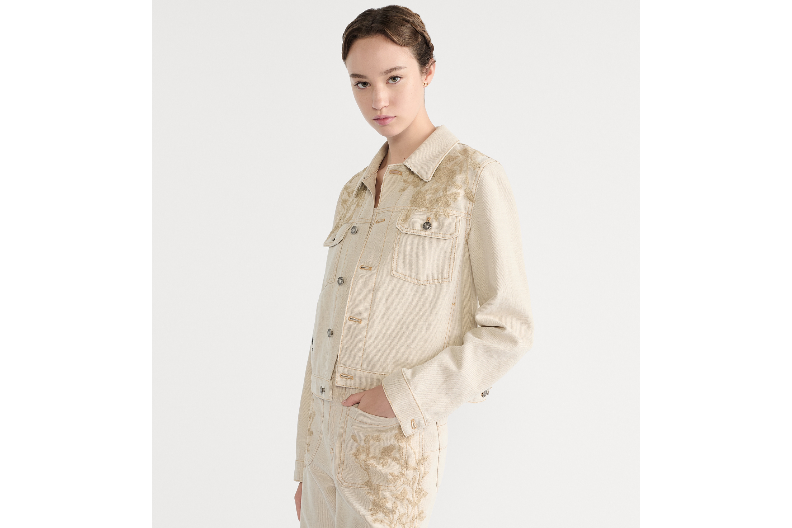 夹克 米色棉质牛仔面料和 Millefiori 图案蕾丝 E04