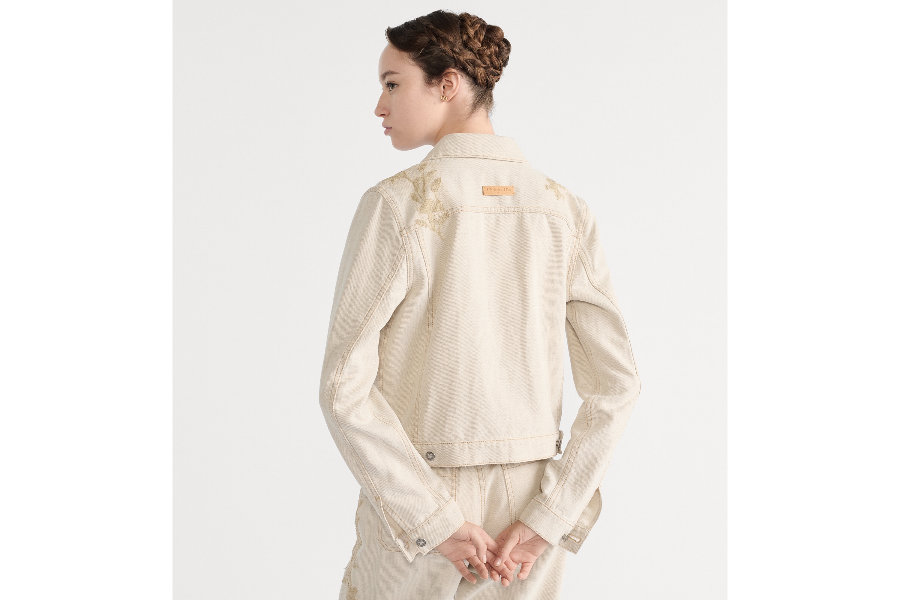 夹克 米色棉质牛仔面料和 Millefiori 图案蕾丝 E06