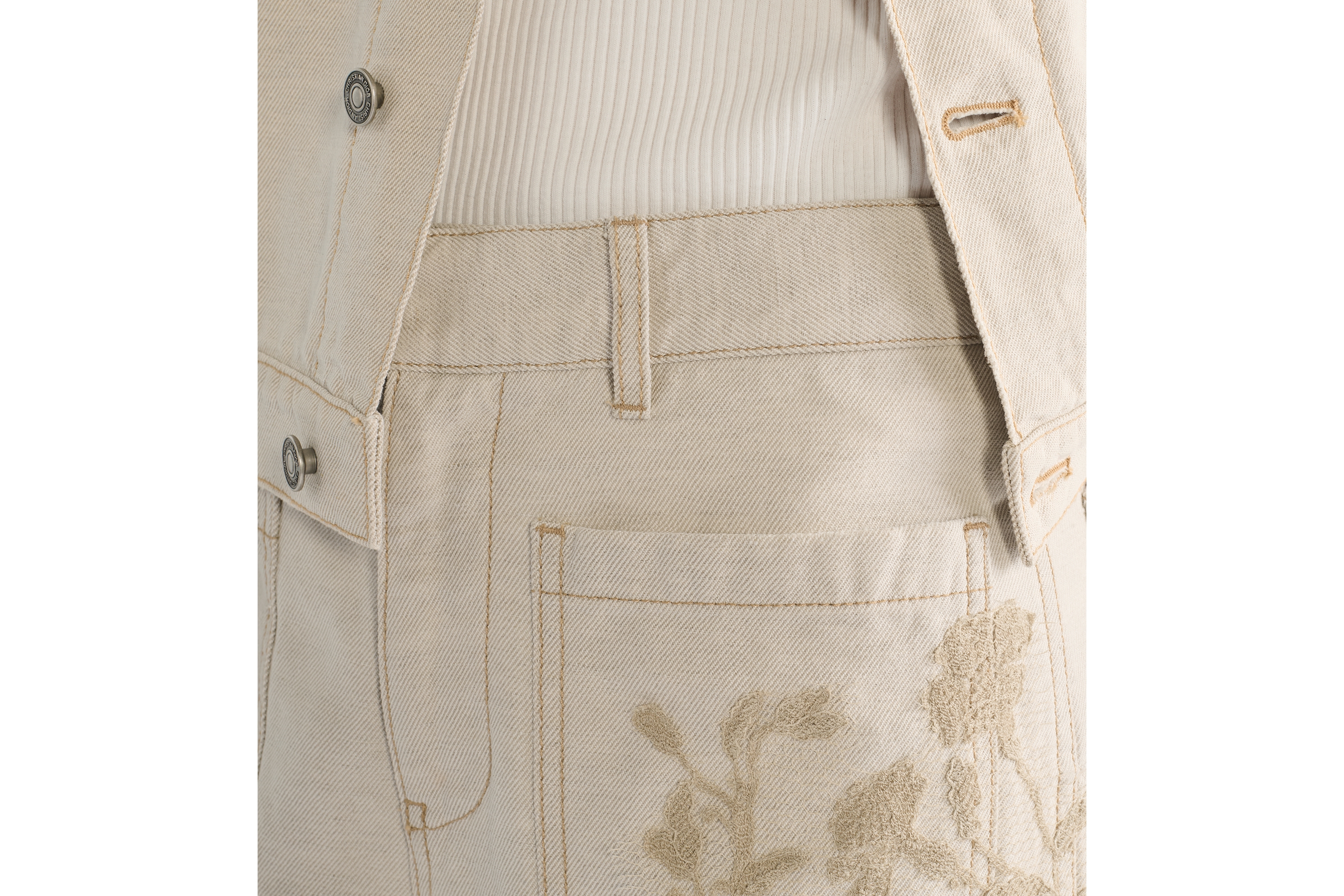 喇叭形牛仔裤 米色棉质牛仔面料和 Millefiori 图案蕾丝 E13