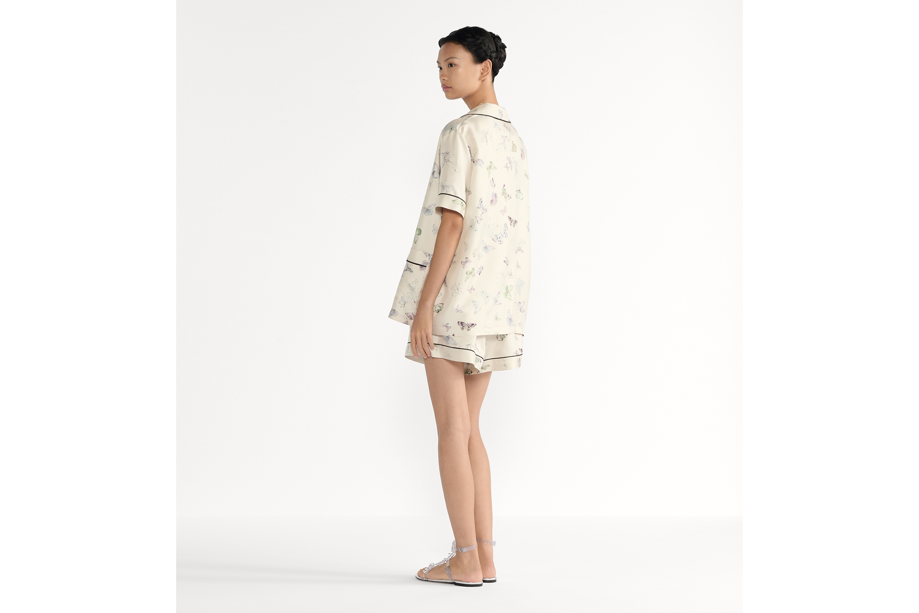 短裤 米白色桑蚕丝斜纹面料多色蝴蝶图案 E02