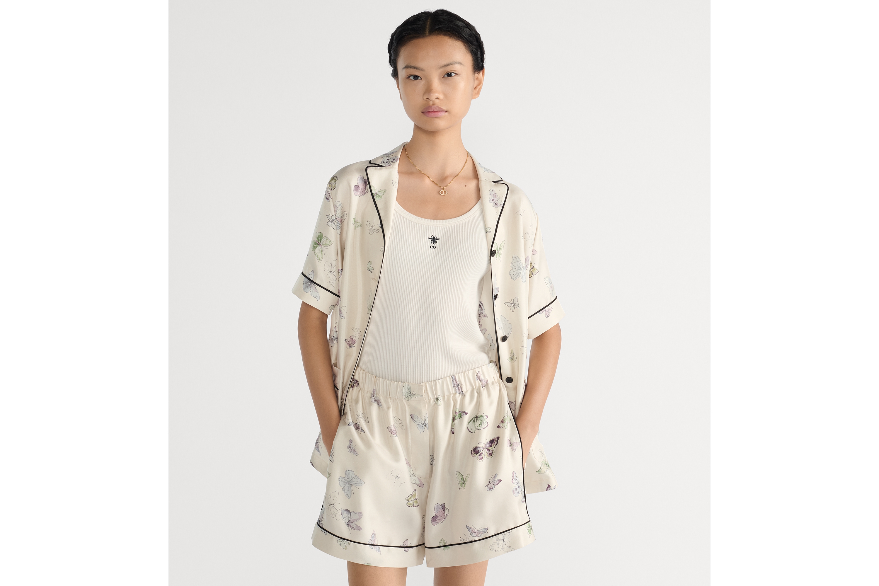 短袖衬衫 米白色桑蚕丝斜纹面料多色蝴蝶图案 E04