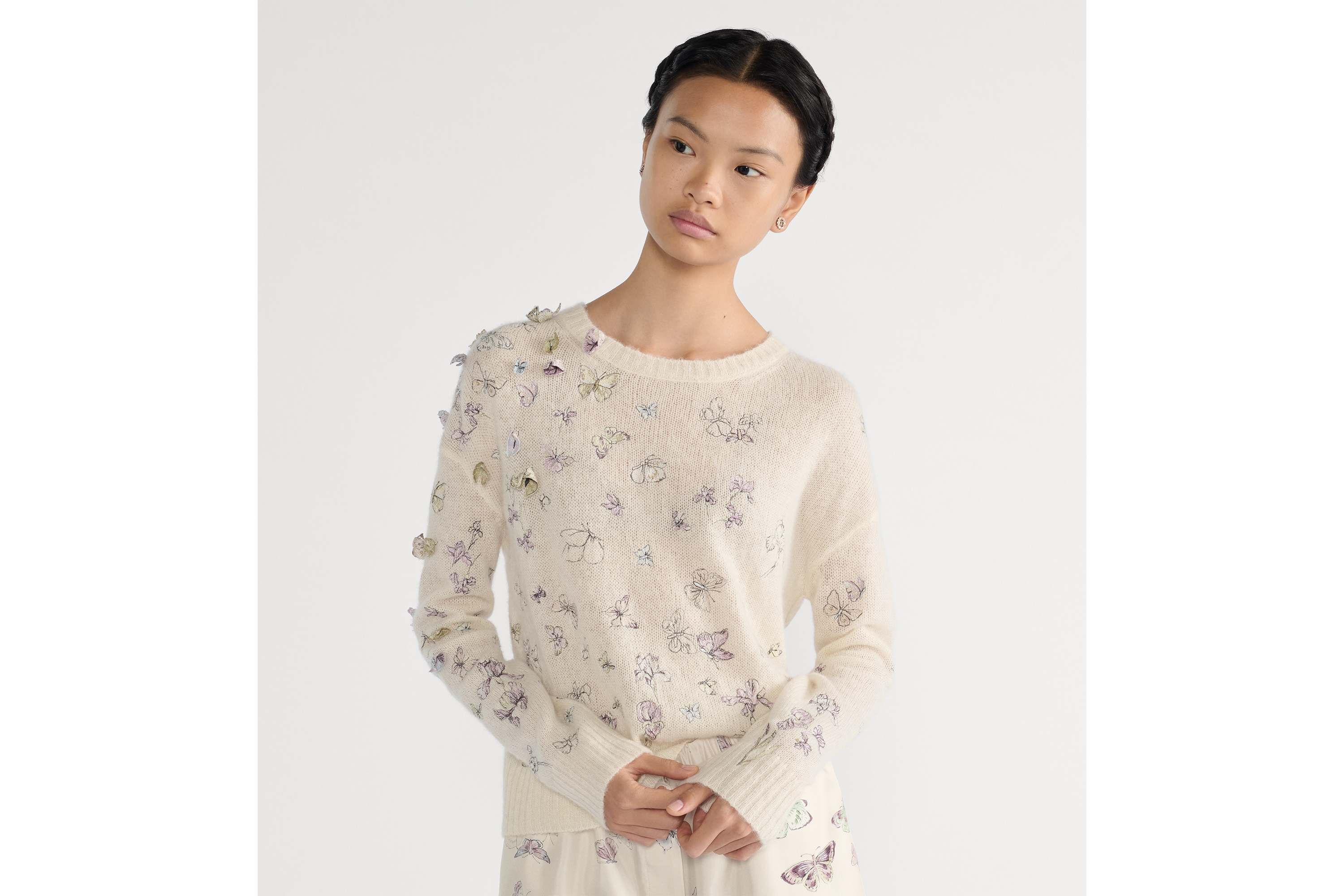 针织衫 白色羊驼毛、山羊绒和桑蚕丝混纺针织面料多色 Butterflies & Iris 图案 E04