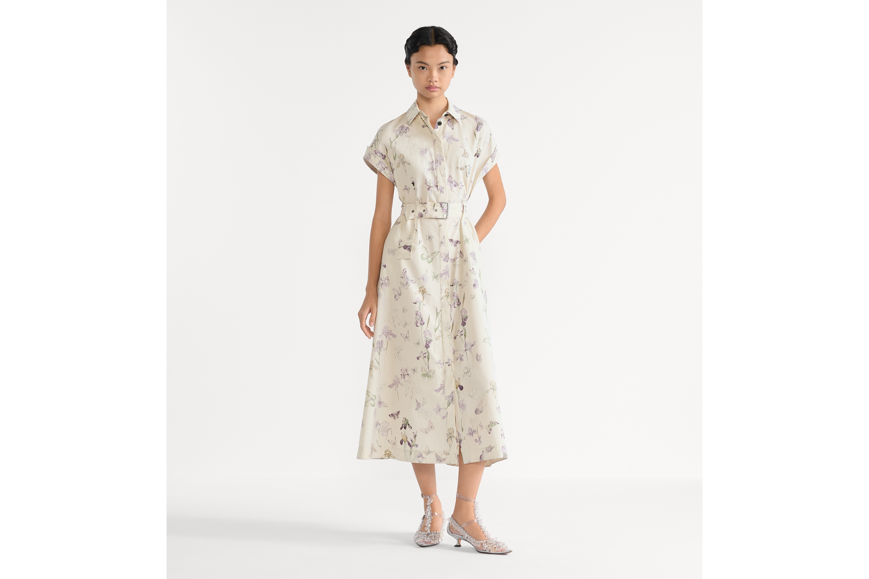 中长款衬衫式连衣裙 米色棉质和桑蚕丝混纺府绸多色 Butterflies & Iris 图案搭配腰带 E01