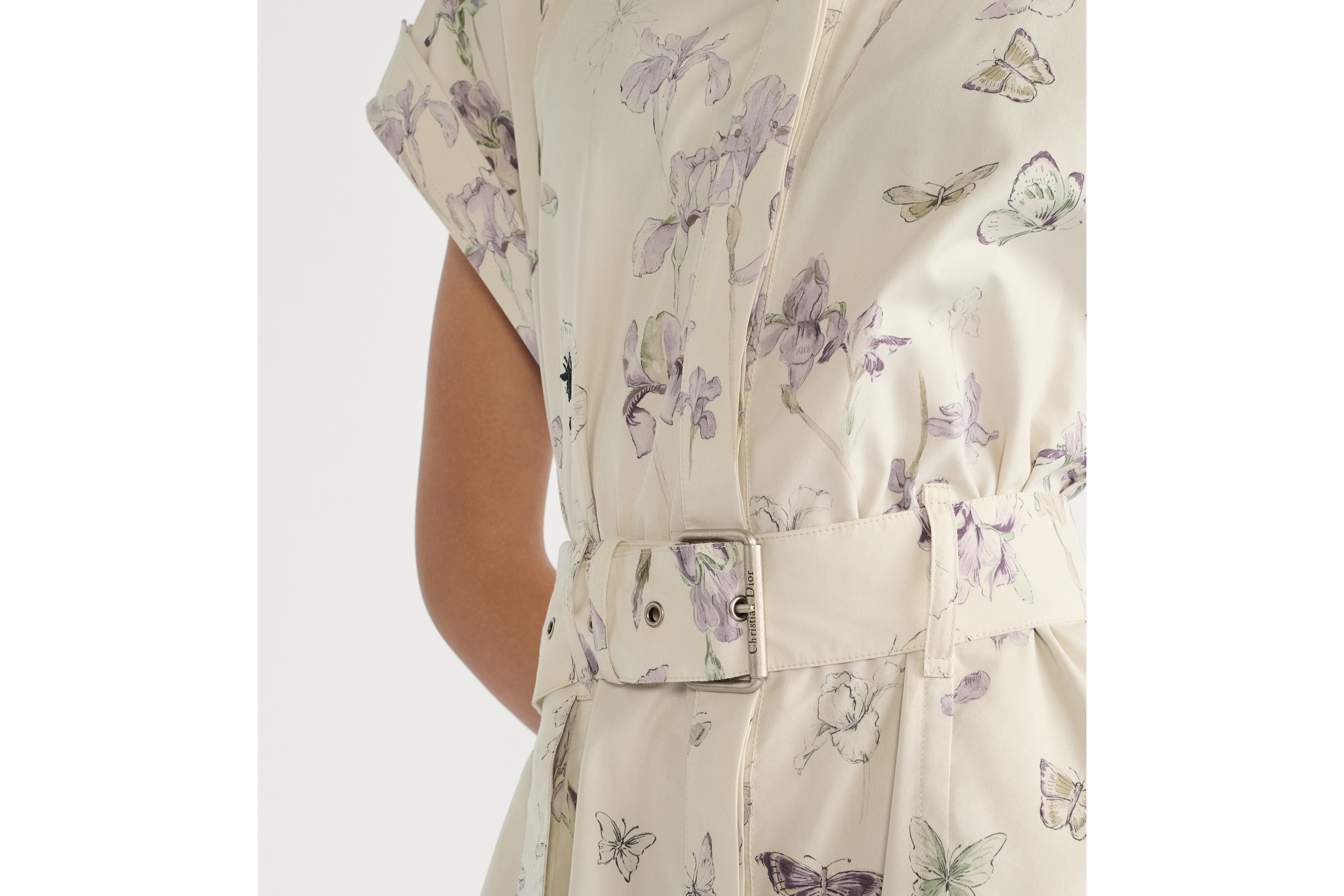 look_image_alt_prefix 中长款衬衫式连衣裙 米色棉质和桑蚕丝混纺府绸多色 Butterflies & Iris 图案搭配腰带 E13