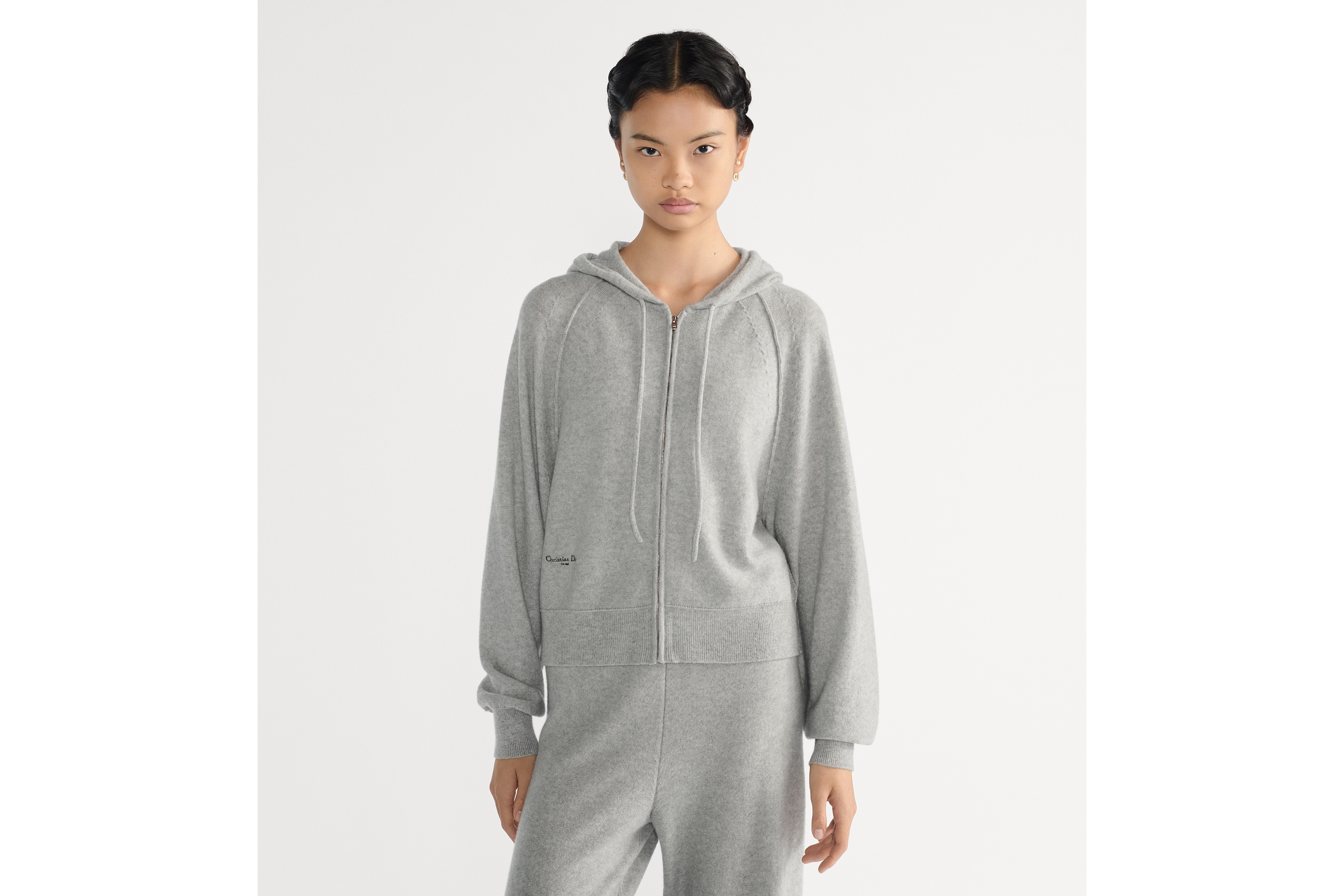 连帽拉链开衫 灰色山羊绒针织面料 E04