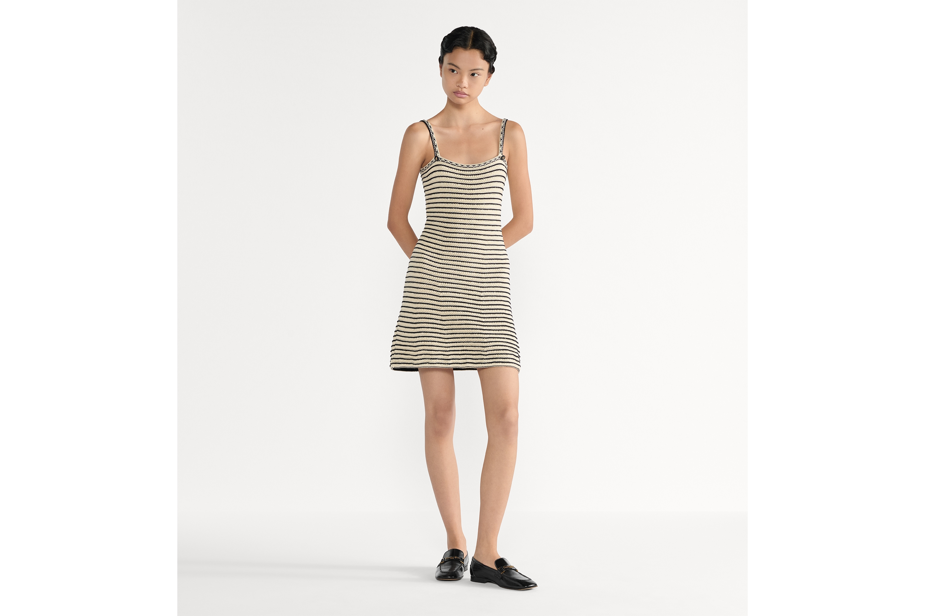 Dior Marinière 短款连衣裙 海军蓝色和白色棉质针织面料 E01