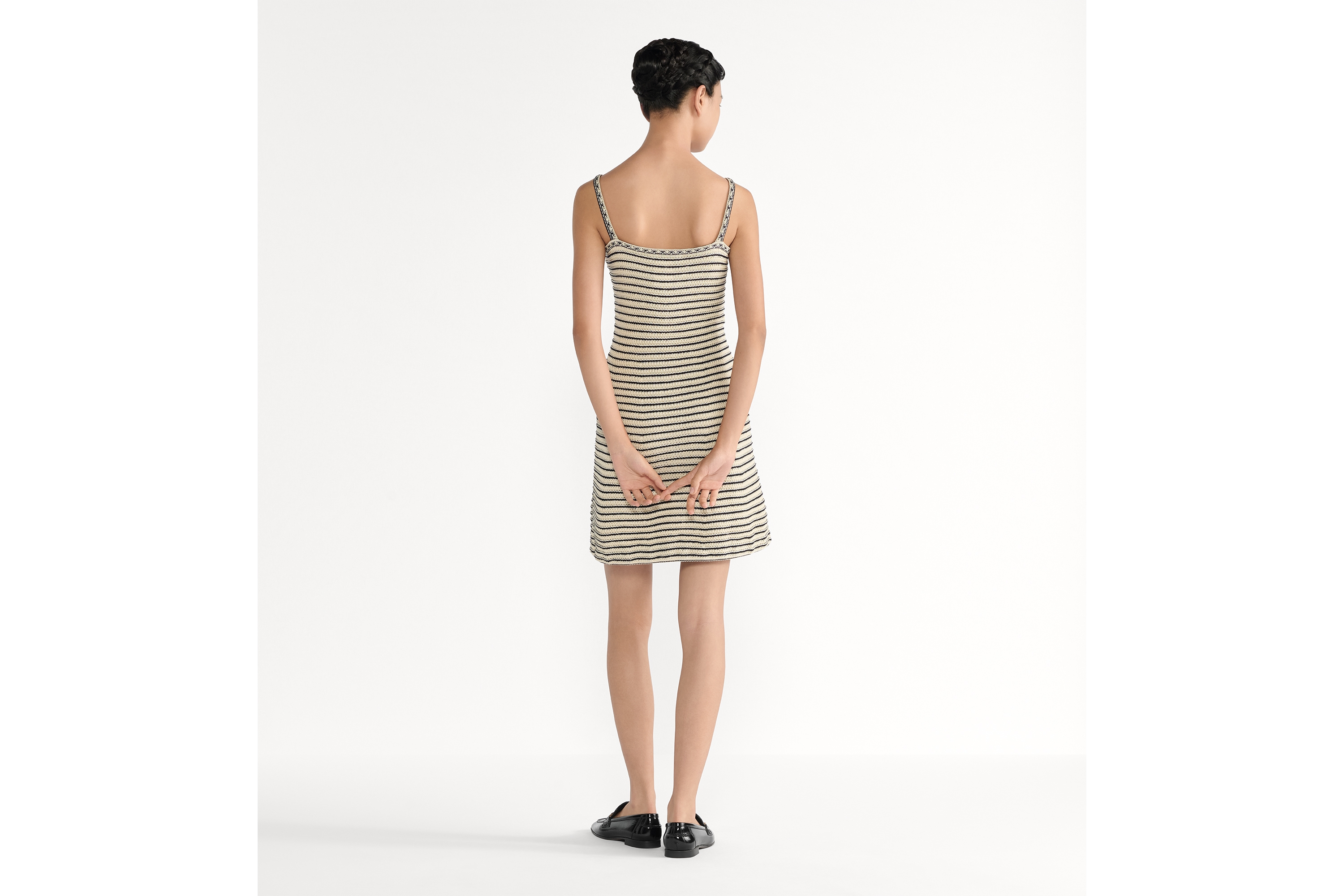 Dior Marinière 短款连衣裙 海军蓝色和白色棉质针织面料 E03