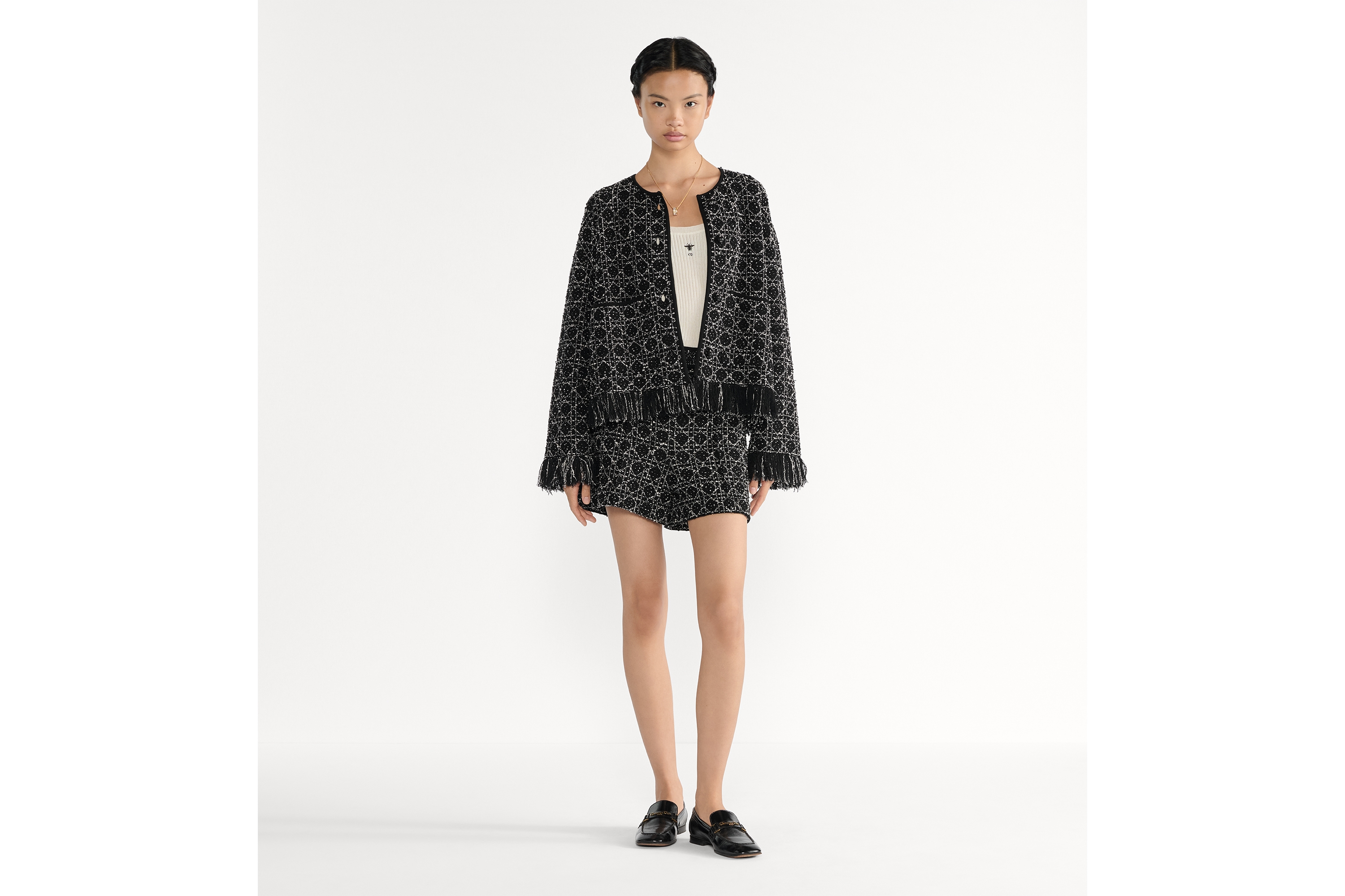 常规版型外套 黑色和白色棉质混纺粗花呢针织面料超大藤格纹 E01