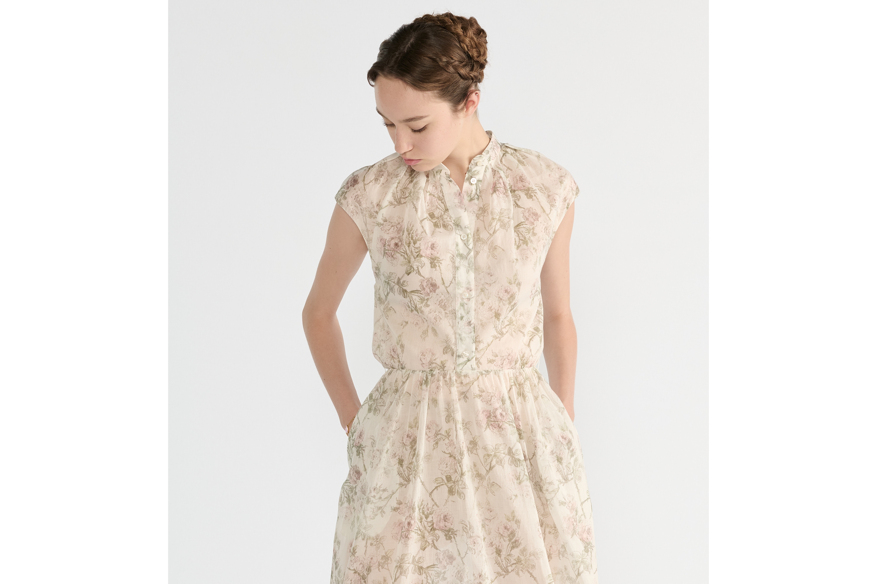 中长款衬衫式连衣裙 白色棉质面料多色 Rosier de Dior 图案 E04