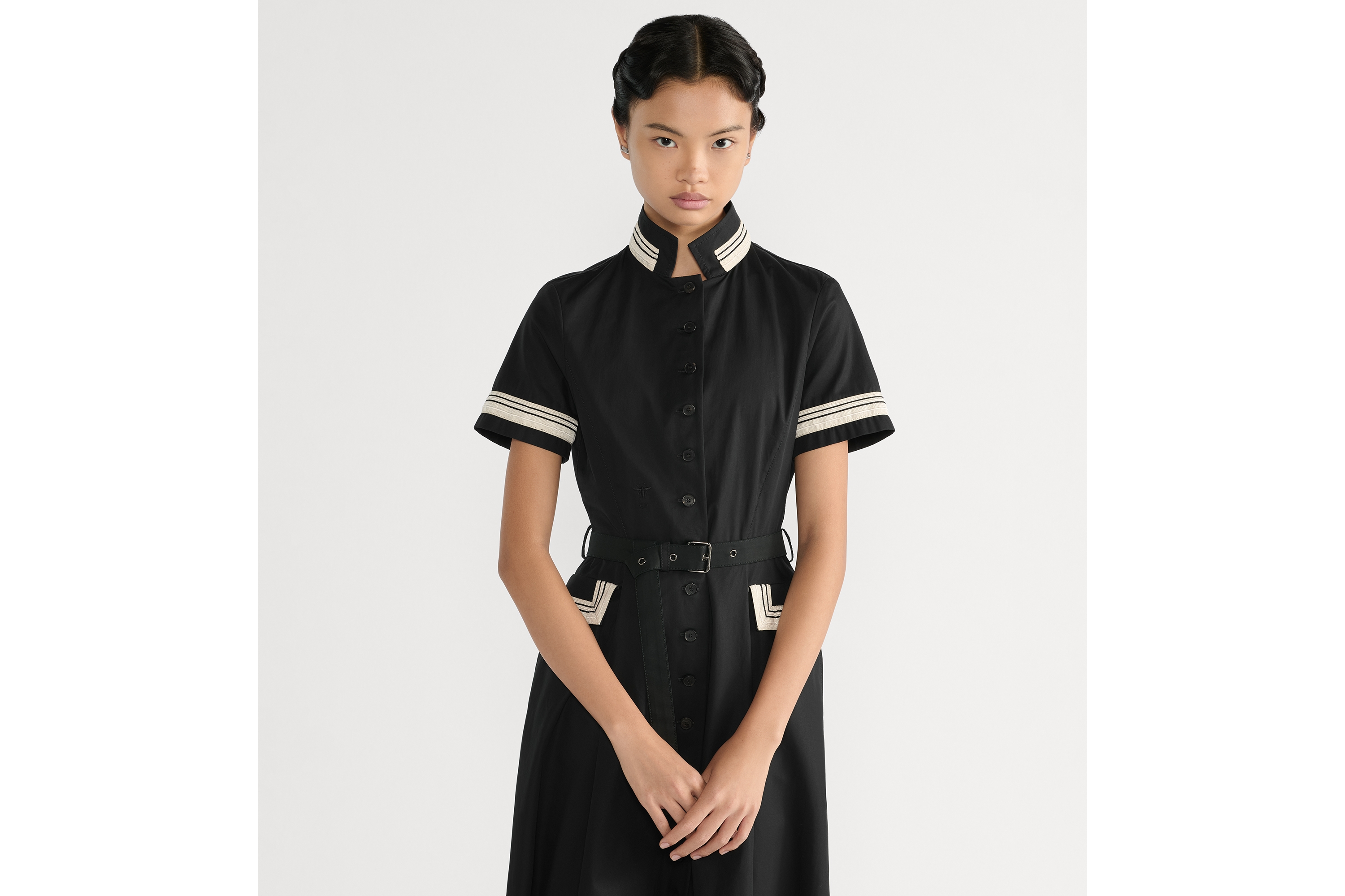 喇叭形中长款衬衫式连衣裙 黑色棉质华达呢面料 E04