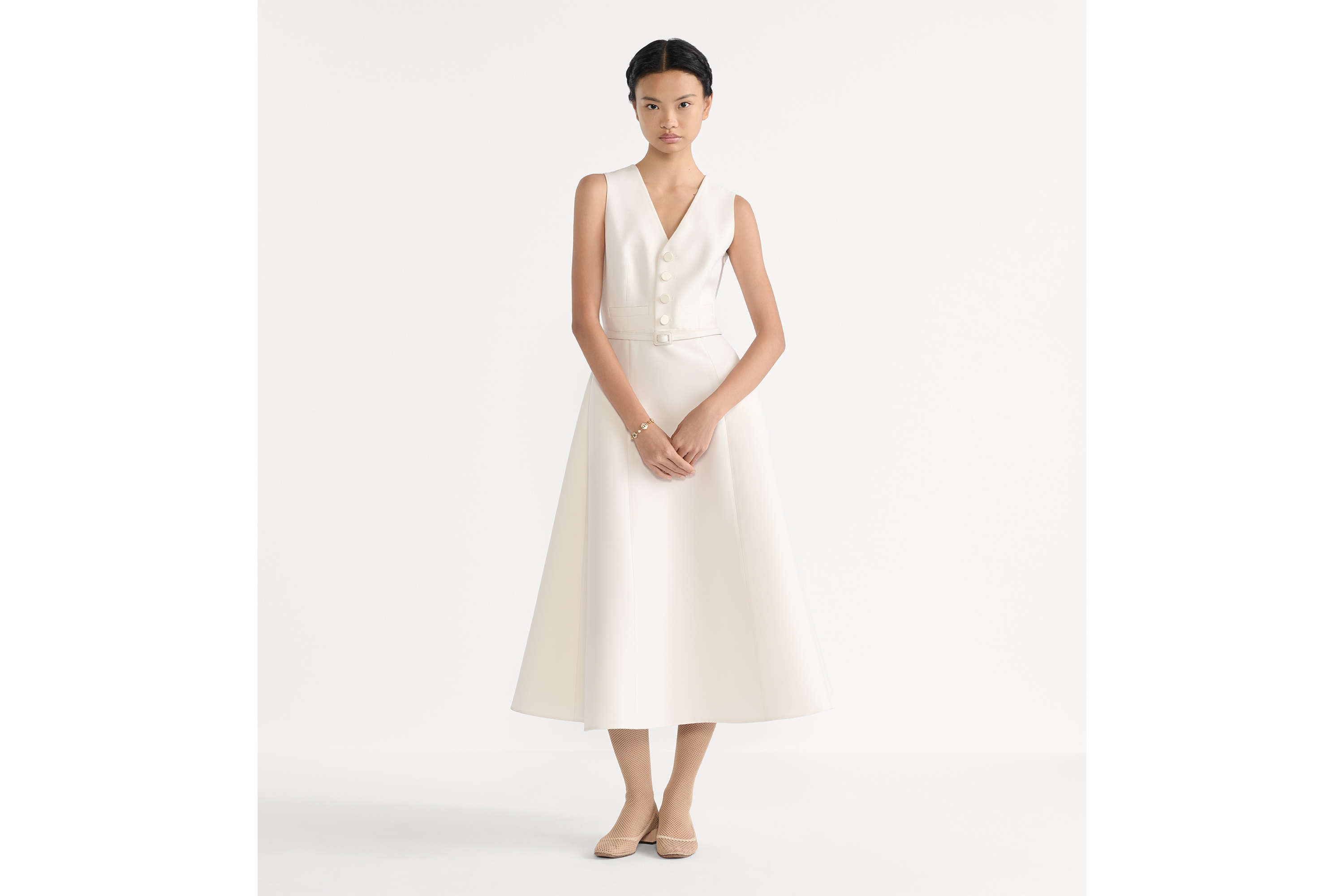 中长款喇叭形连衣裙 白色绵羊毛混纺面料搭配腰带 E01