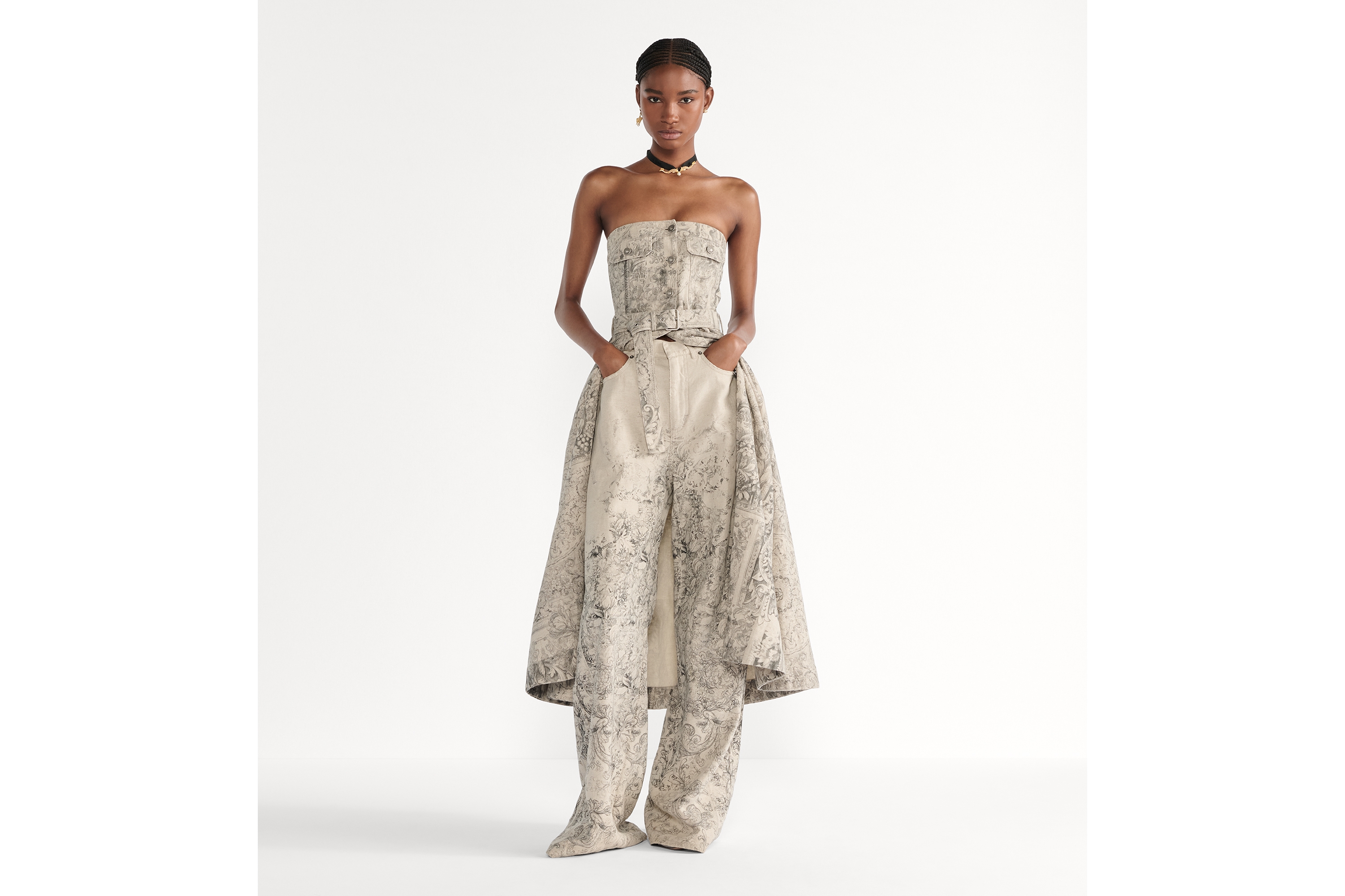 喇叭形牛仔裤 米色棉质和亚麻混纺牛仔布 Dior Barocco 图案 E01