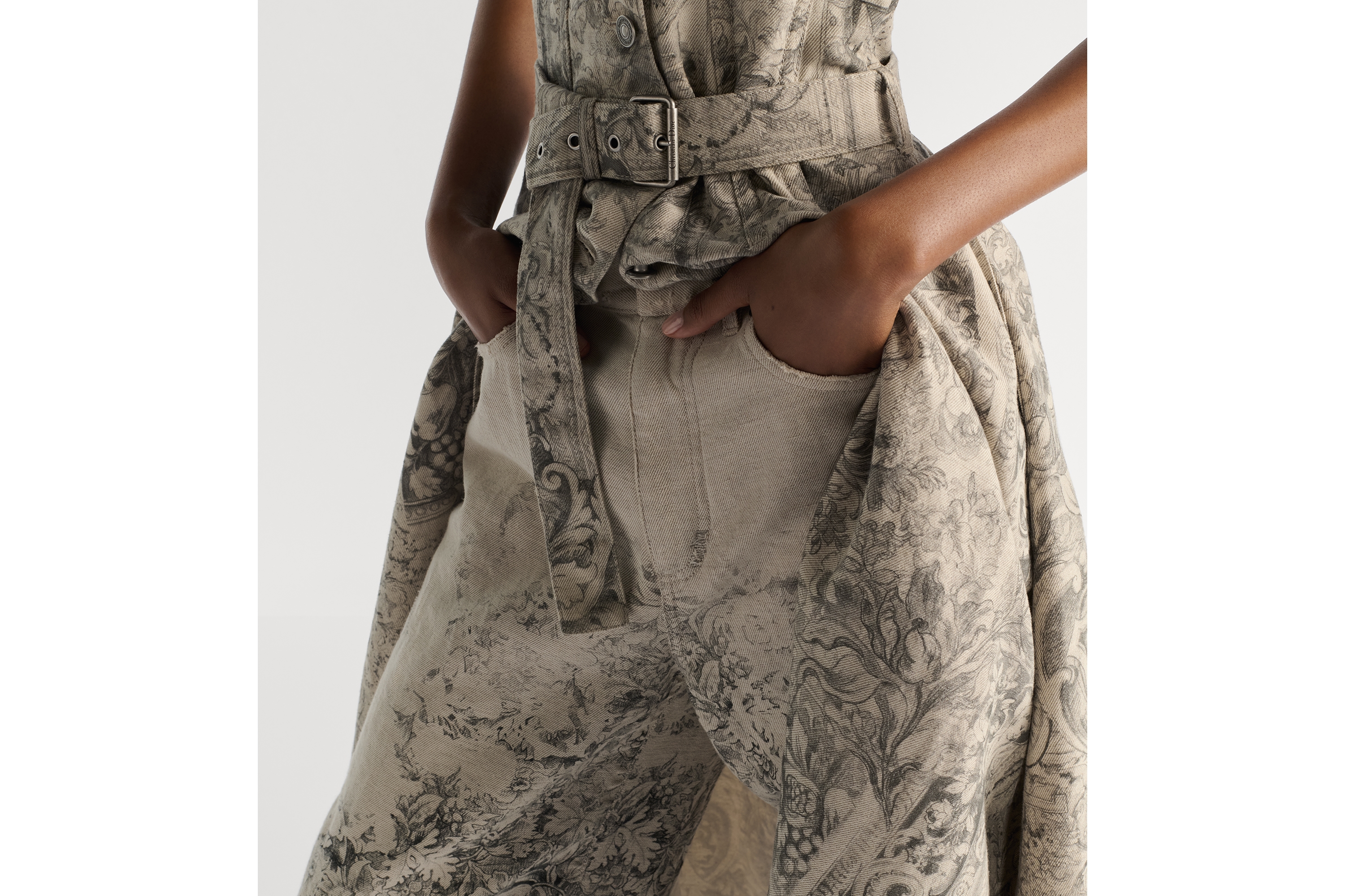 喇叭形牛仔裤 米色棉质和亚麻混纺牛仔布 Dior Barocco 图案 E13