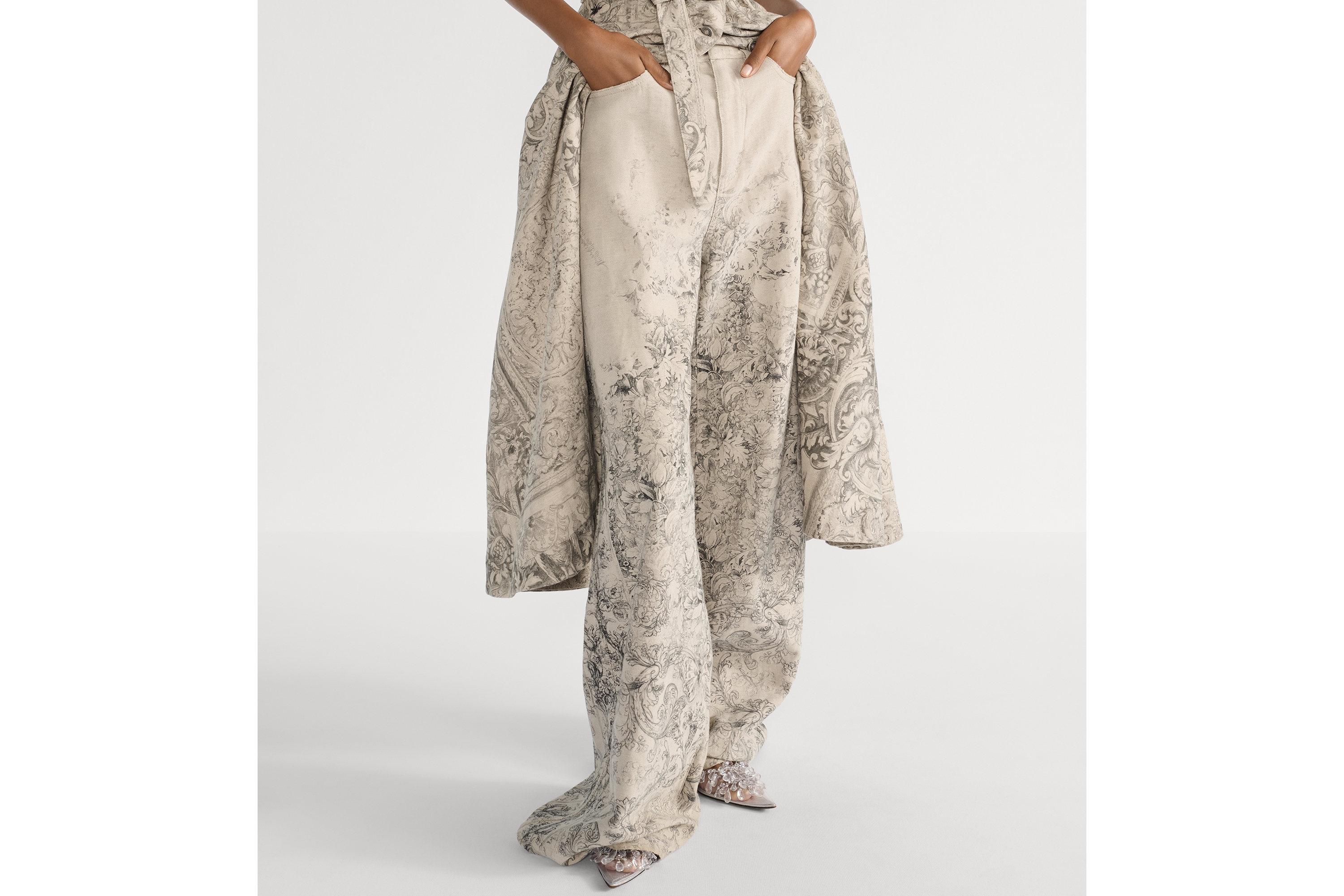 喇叭形牛仔裤 米色棉质和亚麻混纺牛仔布 Dior Barocco 图案 E14