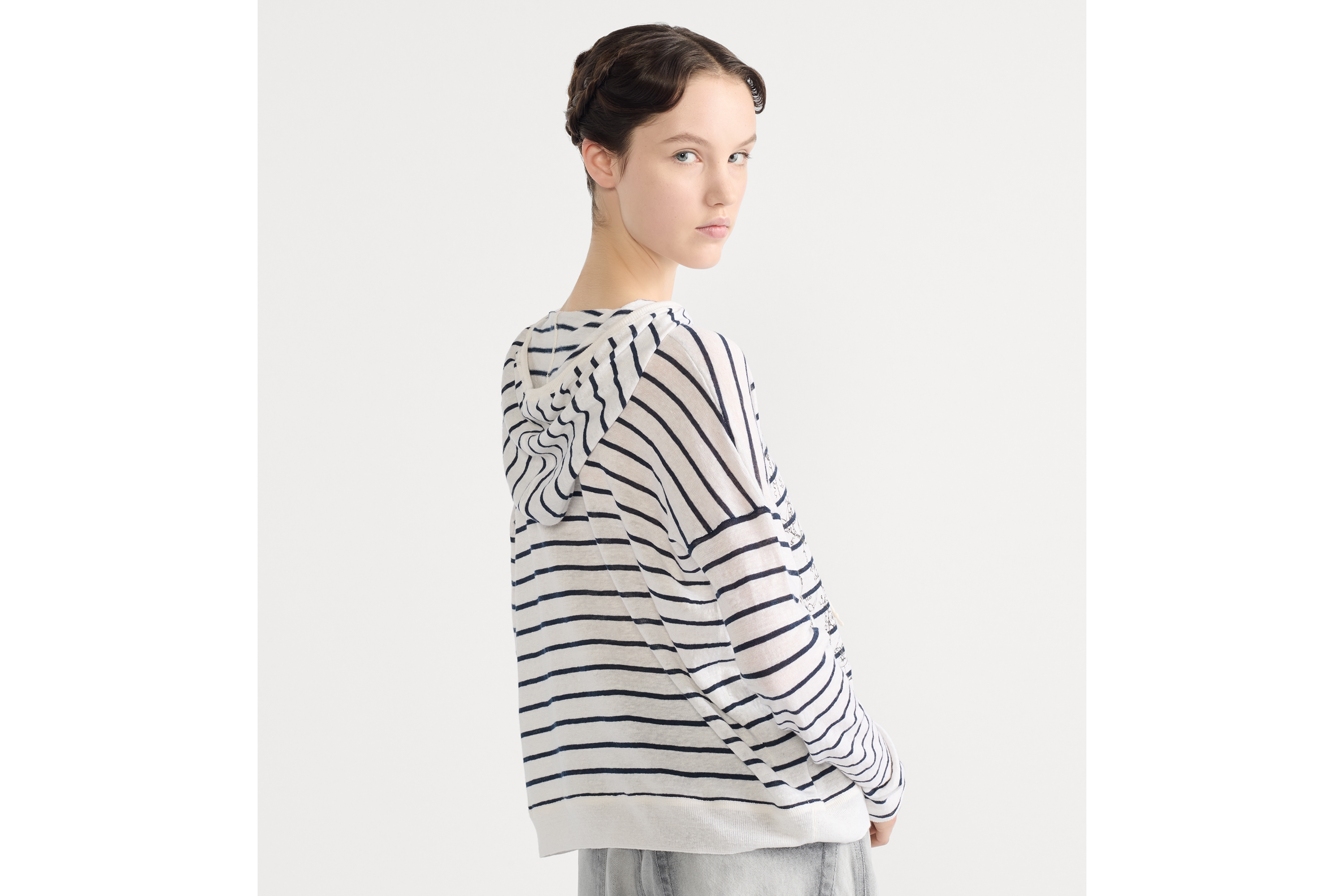 Dior Marinière 连帽针织衫 海军蓝色和白色亚麻混纺针织面料 Dioresque Stella 图案 E06