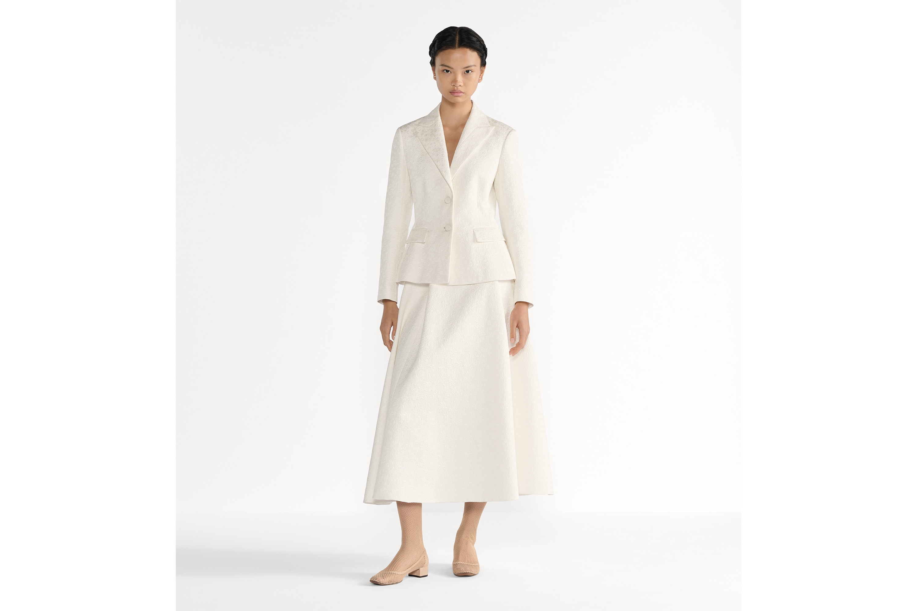 中长款喇叭形半身裙 米白色棉质和桑蚕丝混纺面料普罗旺斯风格绗缝 Millefiori 图案 E01